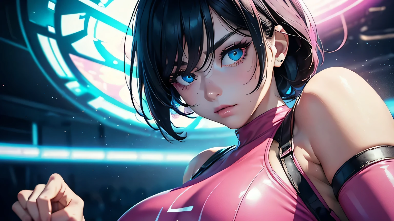 4K, A high resolution, Best quality at best, masterpiece, perfect colors, perfect shadow, perfect litthing, ((sportrait)), 1woman, fit body, heterochromia eyes，dark blue hair , blue eyes, With round lenses, The audience watched carefully, (s face: 1.2), Perfect female figure, ((dynamic pose)), ((pink Tight crop top pink leather suit)), ((shy and looking at viewert)), (Perfect thick white eyebrows) Delicate fur, 详细s face, s the perfect face,  , (dynamic pose), cyberpunk abstract background, ((Bonifasko lighting)), (The round lenses on his eyes)(detailed eyes), Perfect student, ((face close up))