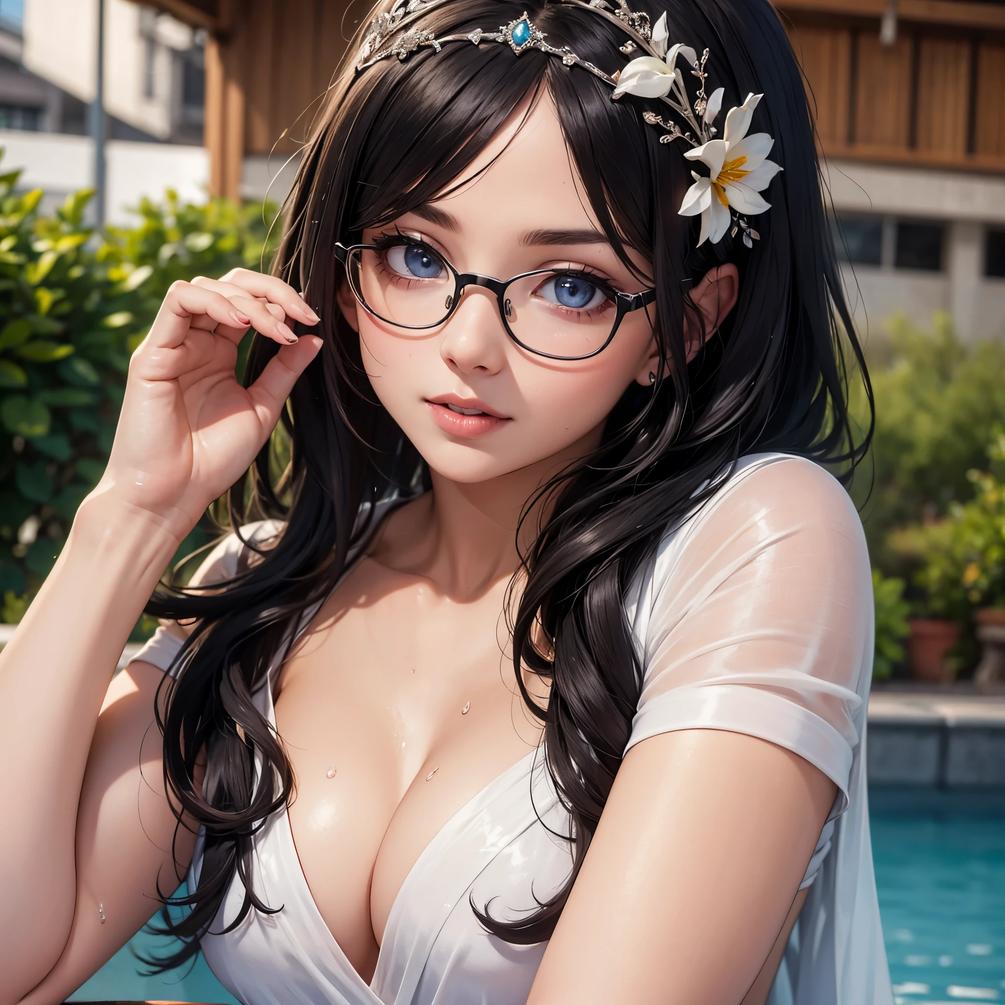 ((best quality)), ((masterpiece)), (detailed), perfect seductive face a beautiful white-toned girl with black hair wearing glasses and wearing wet white saree and white blouse, blue eyes, glossy skin. detailed skin, pink lips with a tiara on her head, pressing her big  and cleavage, full body display
