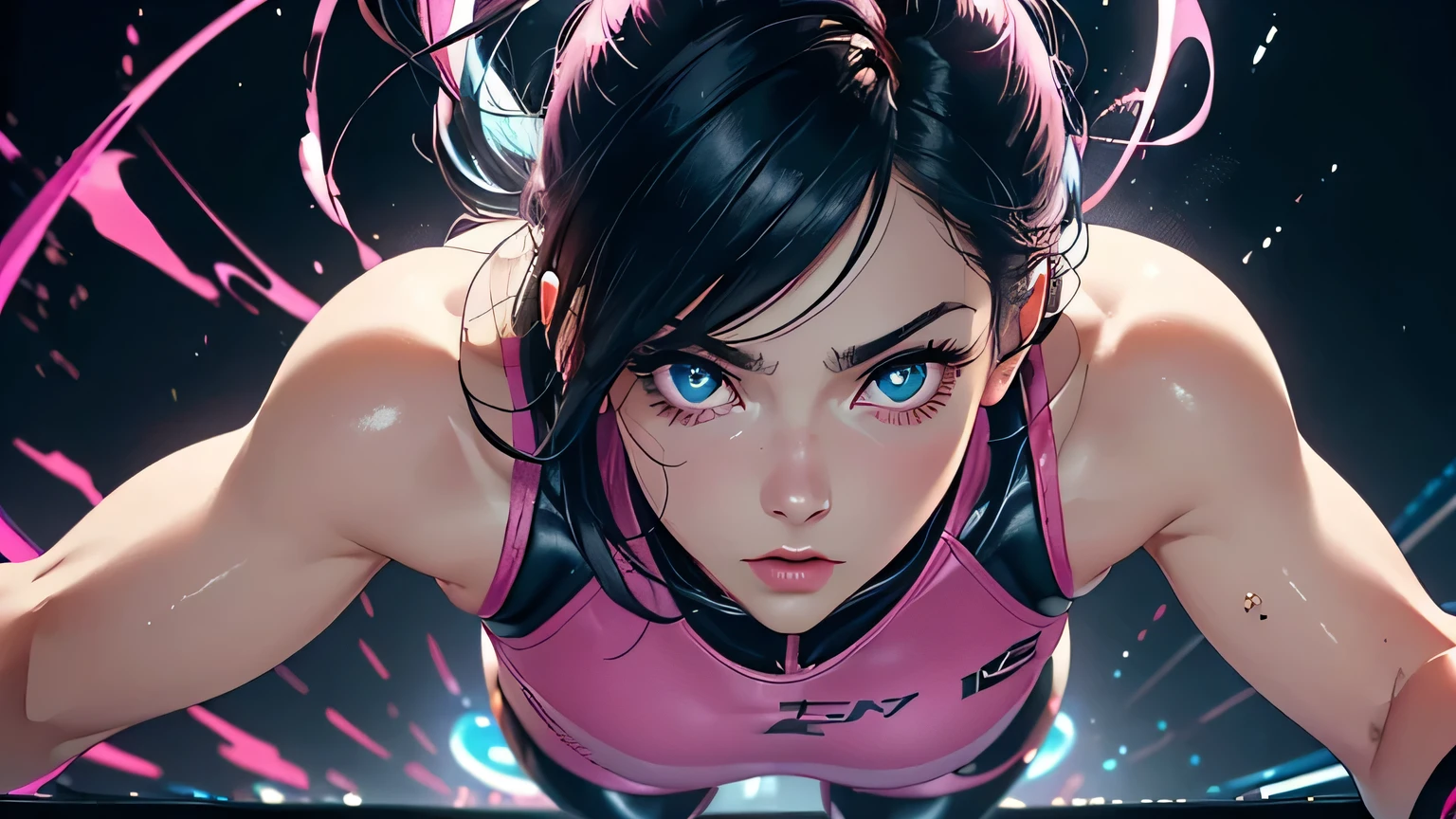 4K, A high resolution, Best quality at best, masterpiece, perfect colors, perfect shadow, perfect litthing, ((sportrait)), 1woman, fit body, heterochromia eyes,dark blue hair , blue eyes, With round lenses, The audience watched carefully, (s face: 1.2), Perfect female figure, ((dynamic pose)), ((pink Tight crop top pink leather suit)), ((shy and looking at viewert)), (Perfect thick white eyebrows) Delicate fur, 详细s face, s the perfect face, , (dynamic pose), cyberpunk abstract background, ((Bonifasko lighting)), (The round lenses on his eyes)(detailed eyes), Perfect student, ((face close up))