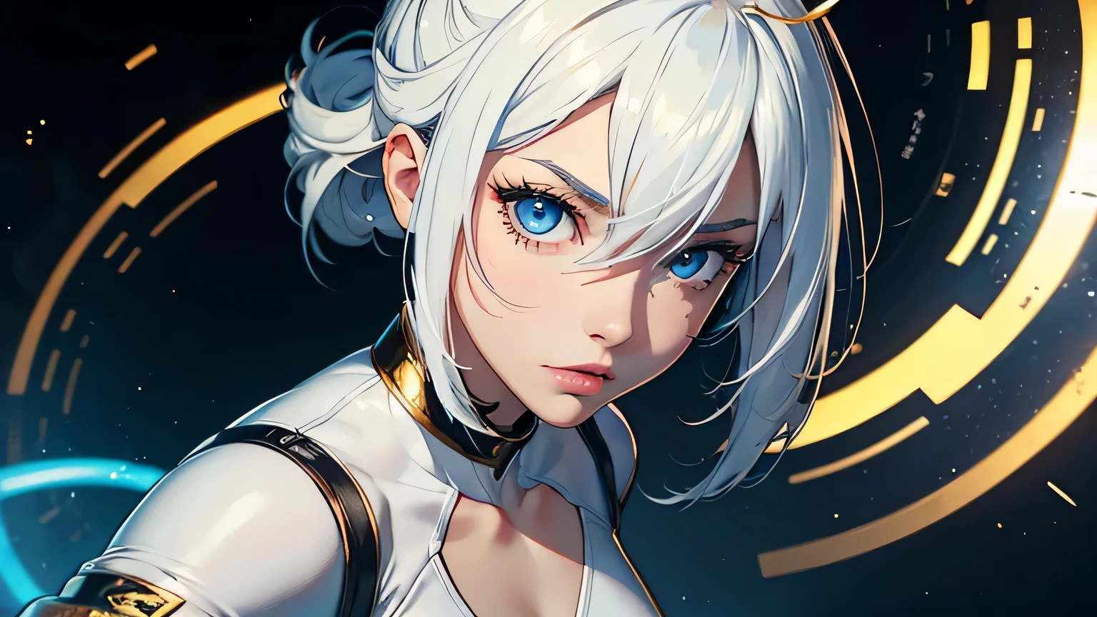 4K, A high resolution, Best quality at best, masterpiece, perfect colors, perfect shadow, perfect litthing, ((sportrait)), 1woman, fit body, heterochromia eyes，dark blue hair , blue eyes, With round lenses, The audience watched carefully, (s face: 1.2), Perfect female figure, ((dynamic pose)), ((white and gold Tight crop top white and gold leather suit)), ((shy and looking at viewert)), (Perfect thick white eyebrows) Delicate fur, 详细s face, s the perfect face,  , (dynamic pose), cyberpunk abstract background, ((Bonifasko lighting)), (The round lenses on his eyes)(detailed eyes), Perfect student, ((face close up))