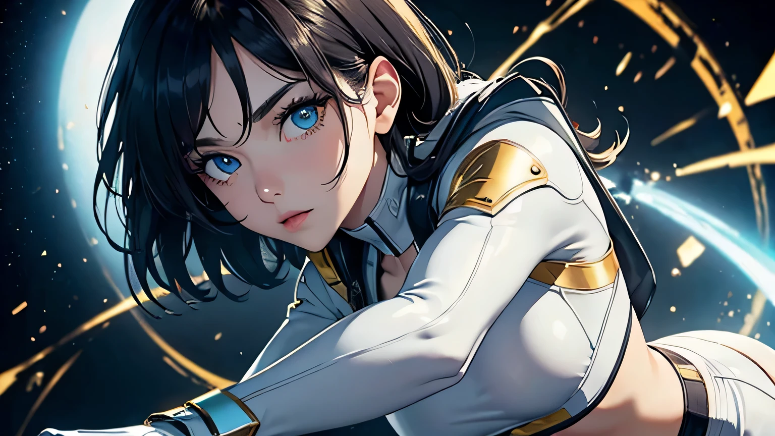 4K, A high resolution, Best quality at best, masterpiece, perfect colors, perfect shadow, perfect litthing, ((sportrait)), 1woman, fit body, heterochromia eyes，dark blue hair , blue eyes, With round lenses, The audience watched carefully, (s face: 1.2), Perfect female figure, ((dynamic pose)), ((white and gold Tight crop top white and gold leather suit)), ((shy and looking at viewert)), (Perfect thick white eyebrows) Delicate fur, 详细s face, s the perfect face,  , (dynamic pose), cyberpunk abstract background, ((Bonifasko lighting)), (The round lenses on his eyes)(detailed eyes), Perfect student, ((face close up))