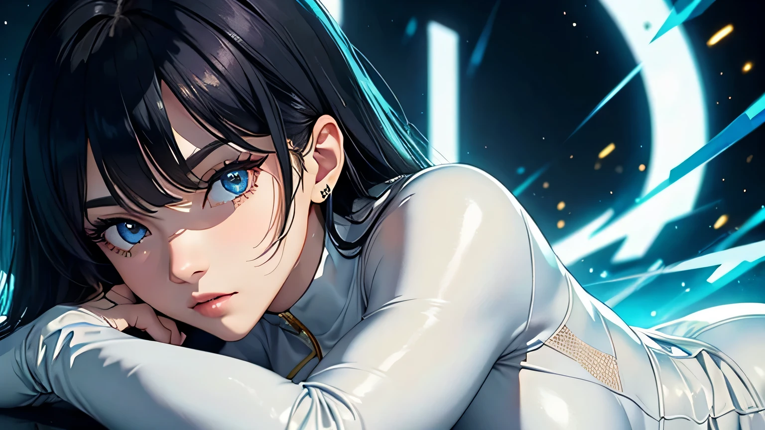 4K, A high resolution, Best quality at best, masterpiece, perfect colors, perfect shadow, perfect litthing, ((sportrait)), 1woman, fit body, heterochromia eyes，dark blue hair , blue eyes, With round lenses, The audience watched carefully, (s face: 1.2), Perfect female figure, ((dynamic pose)), ((white and gold Tight crop top white and gold leather suit)), ((shy and looking at viewert)), (Perfect thick white eyebrows) Delicate fur, 详细s face, s the perfect face,  , (dynamic pose), cyberpunk abstract background, ((Bonifasko lighting)), (The round lenses on his eyes)(detailed eyes), Perfect student, ((face close up))