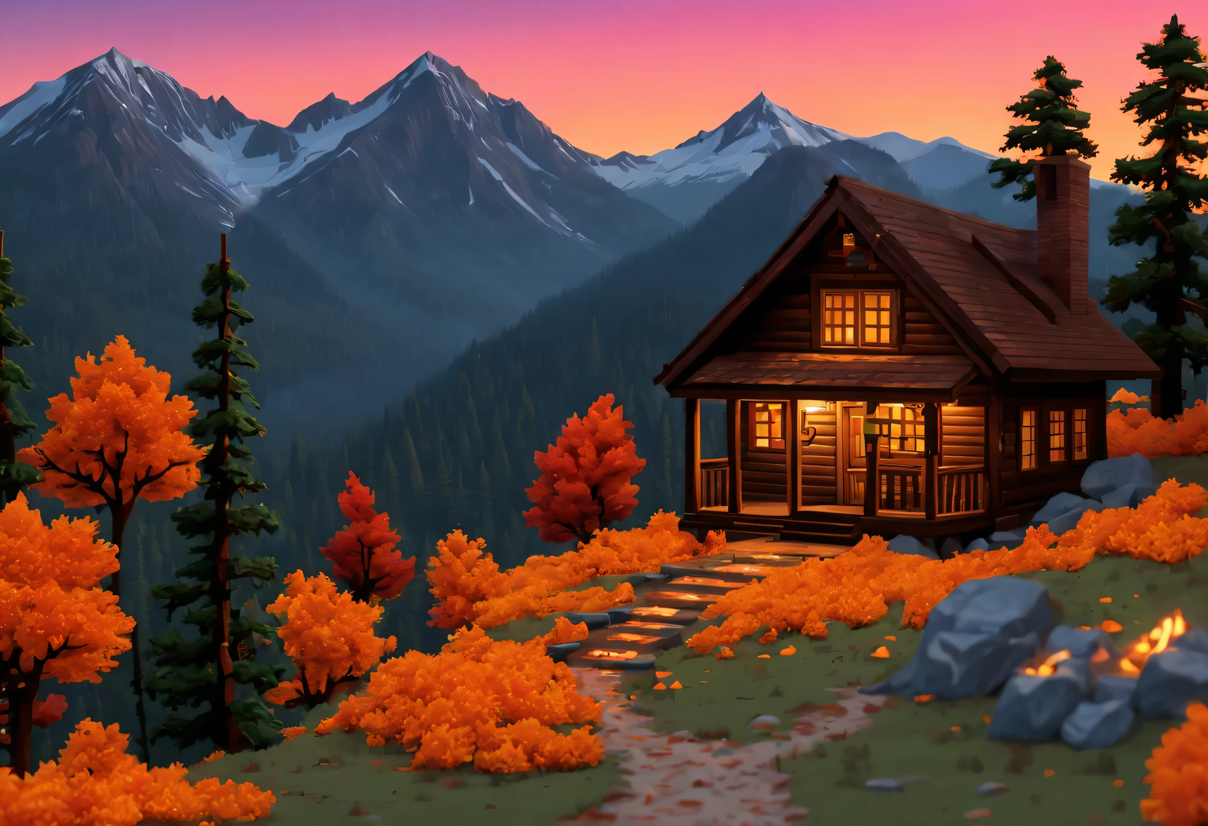 (halloween theme:1.3), (Mountain Cabin (Mountain Cabin) (Mountain Cabin (Mountain Cabin)) (Mountain Cabin (Mountain Cabin) (Mountain Cabin (Mountain Cabin))) (Mountain Cabin (Mountain Cabin) (Mountain Cabin (Mountain Cabin)) (Mountain Cabin (Mountain Cabin) (Mountain Cabin (Mountain Cabin)))) (Mountain Cabin (Mountain Cabin) (Mountain Cabin (Mountain Cabin)) (Mountain Cabin (Mountain Cabin) (Mountain Cabin (Mountain Cabin))) (Mountain Cabin (Mountain Cabin) (Mountain Cabin (Mountain Cabin)) (Mountain Cabin (Mountain Cabin) (Mountain Cabin (Mountain Cabin))))):1.3), (Pixel art:1.5), Mountain road decorated for Halloween、Halloween Decoration Hats、Autumn mountain hut、Colored leaves、Sunset、Mountain hut bathed in the sunset、Evening glow、