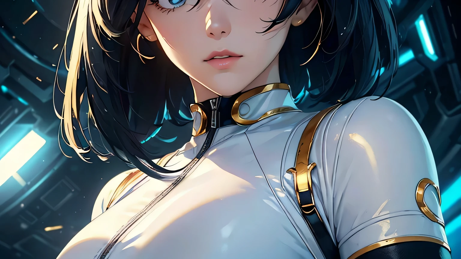 4K, A high resolution, Best quality at best, masterpiece, perfect colors, perfect shadow, perfect litthing, ((sportrait)), 1woman, fit body, heterochromia eyes,dark blue hair , blue eyes, With round lenses, The audience watched carefully, (s face: 1.2), Perfect female figure, ((dynamic pose)), ((white and gold Tight crop top white and gold leather suit)), ((shy and looking at viewert)), (Perfect thick white eyebrows) Delicate fur, 详细s face, s the perfect face, , (dynamic pose), cyberpunk abstract background, ((Bonifasko lighting)), (The round lenses on his eyes)(detailed eyes), Perfect student, ((face close up))