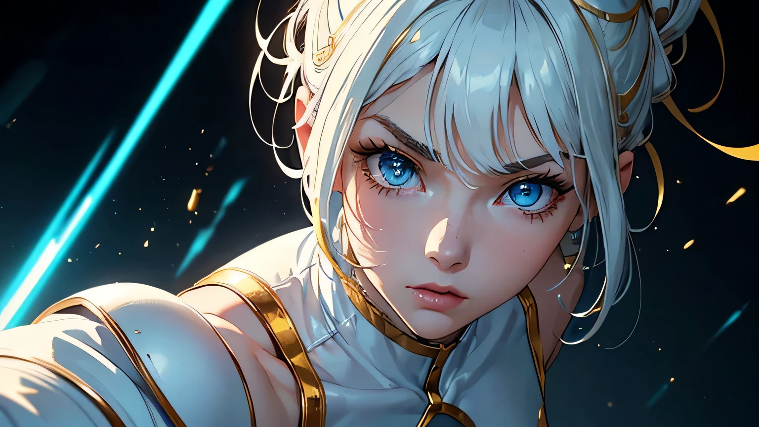 4K, A high resolution, Best quality at best, masterpiece, perfect colors, perfect shadow, perfect litthing, ((sportrait)), 1woman, fit body, heterochromia eyes,dark blue hair , blue eyes, With round lenses, The audience watched carefully, (s face: 1.2), Perfect female figure, ((dynamic pose)), ((white and gold Tight crop top white and gold leather suit)), ((shy and looking at viewert)), (Perfect thick white eyebrows) Delicate fur, 详细s face, s the perfect face, , (dynamic pose), cyberpunk abstract background, ((Bonifasko lighting)), (The round lenses on his eyes)(detailed eyes), Perfect student, ((face close up))