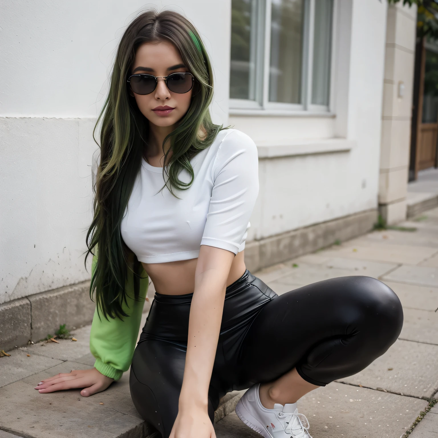 1girls, Nur, green Hair , 24 years old,black leggings underneath, neon green crop top,a thin white shirt over the crop top,a black leather jacket, white sneakers on the feet, Hair slightly wavy, Makeup in natural tones that complement green hair, A black waist bag, Oversized sunglasses,