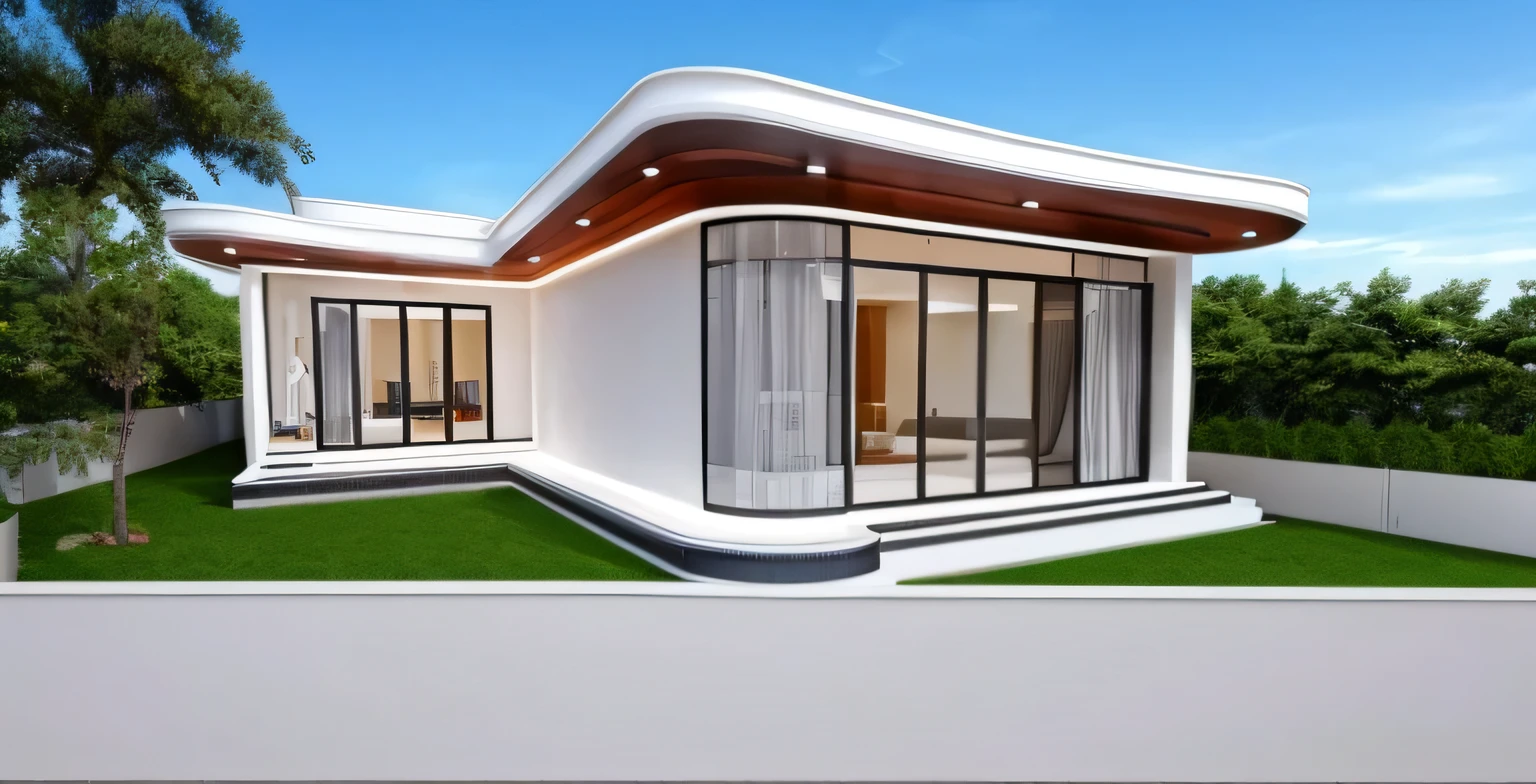 (masterpiece, best quality:1.2), modern house, 1 story, white color, outdoor light, ceiling light, moldings 