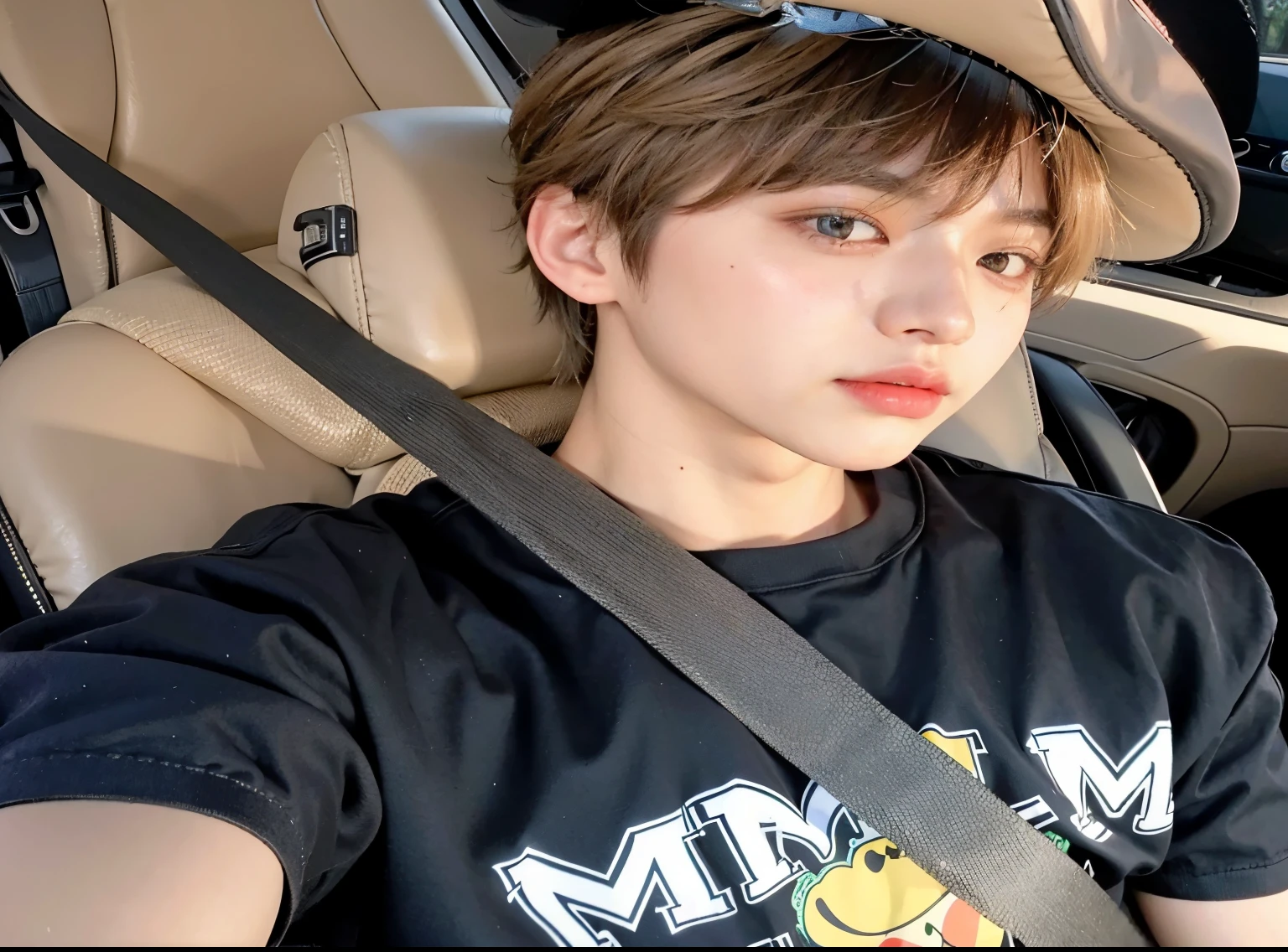 boy in a car seat with a black t-shirt on, Jung Jaehyun, Cai Xu Kun, jinyoung shin, hyung tae, kim taejin, jungkook, imagen filtrada, park Jimin, yanjun chengt, pintar ulzzang, Hong June Hyung, he is about 2 0 years old, pale korean adorable face, he is about 20 years old, Jimin