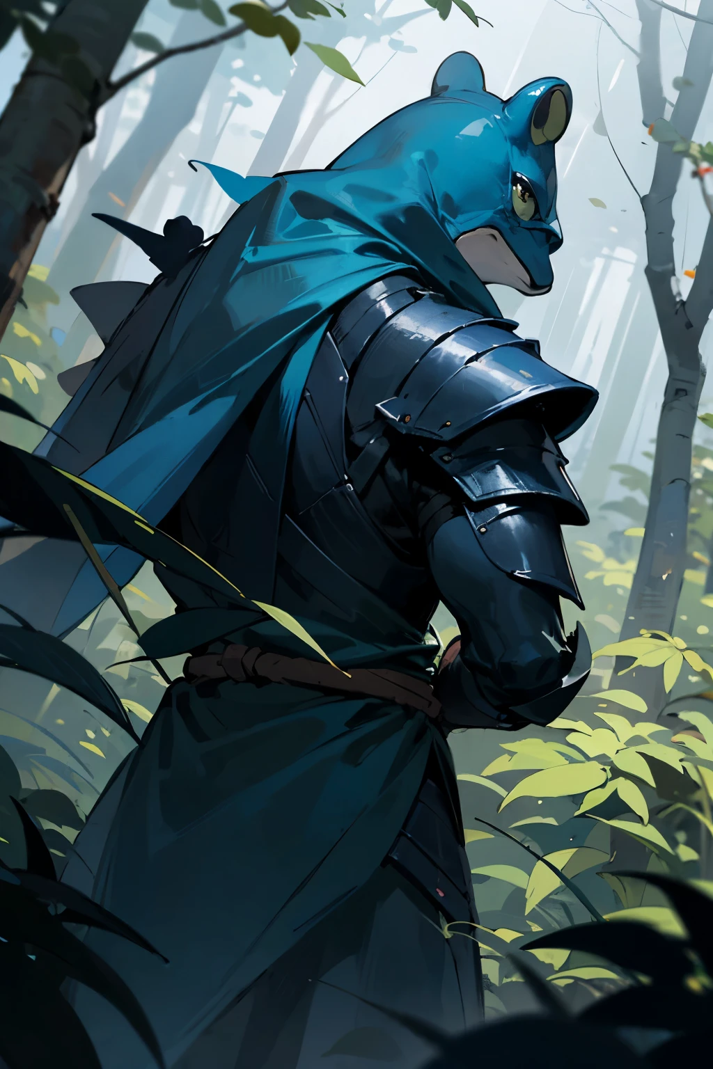 a ninja frog, exploring a forest at night, his armor is black and he has two expanses on his back