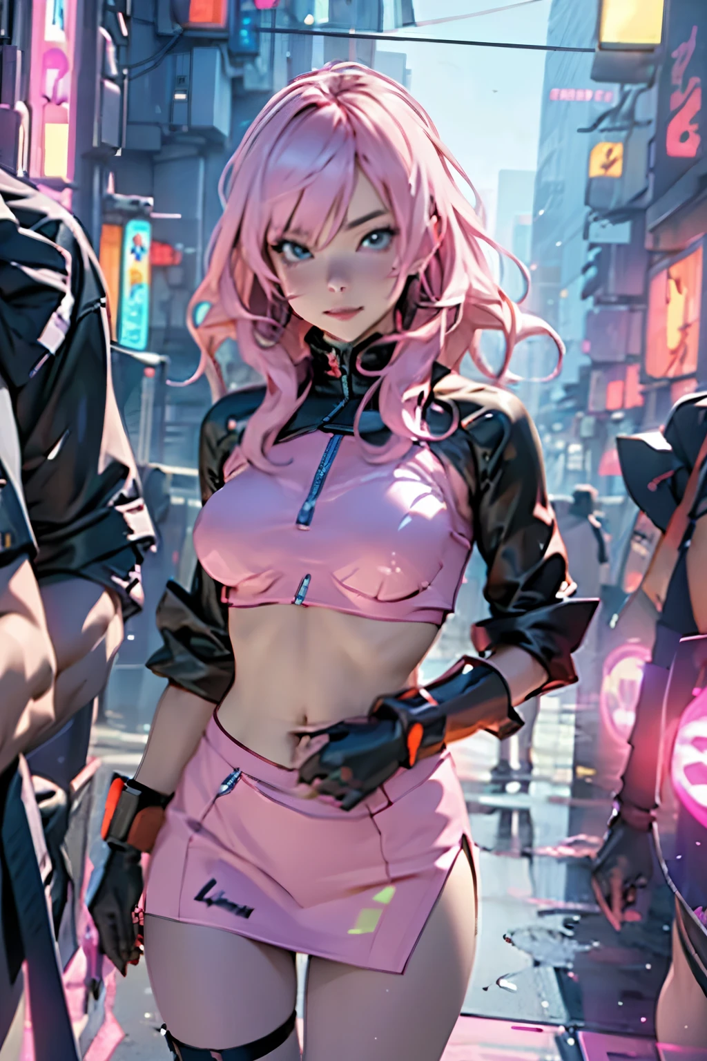  Naked squatting WITH SHREADES CLOTHES ONE BREAST OUT in front showing vagina HOLDING TANTO BLADES COVERED IN BLOOD uwu cyberpunk augmented cyber ARMS pink and purple hair sweating girl witch cyber arms with mounted razor sharp blades covered in blood with some cut wounds holding a guns night neon city background