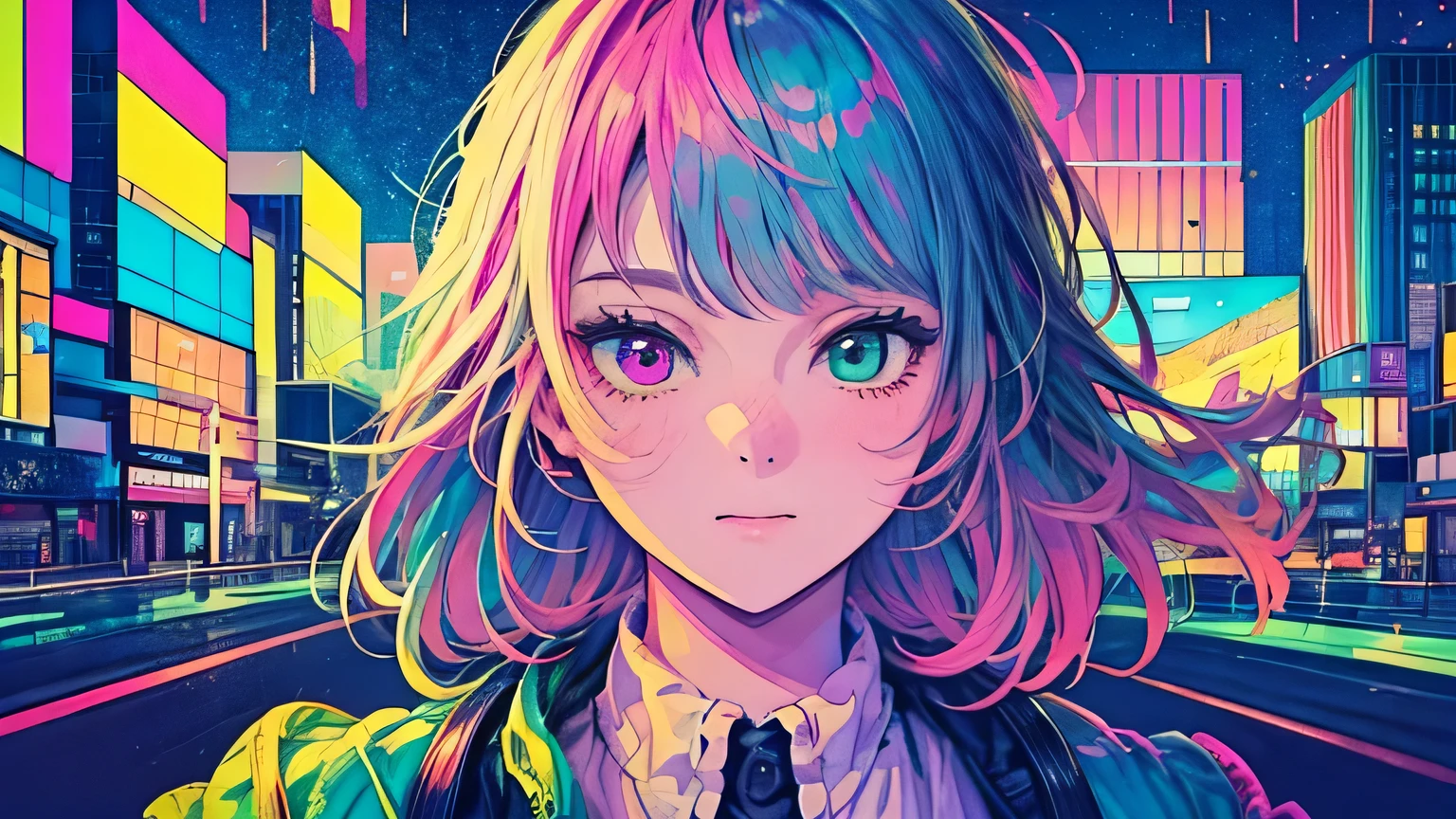 best quality, 4K wallpaper, masterpiece, extremely detailed CG unity 8k wallpaper, extremely detailed eyes, ultra-detailed, intricate details, face close up 1 happy smile shy girl in center, heterochromia, retro art style, neon pop abstract art style, public, highway road, lake, mountain, car