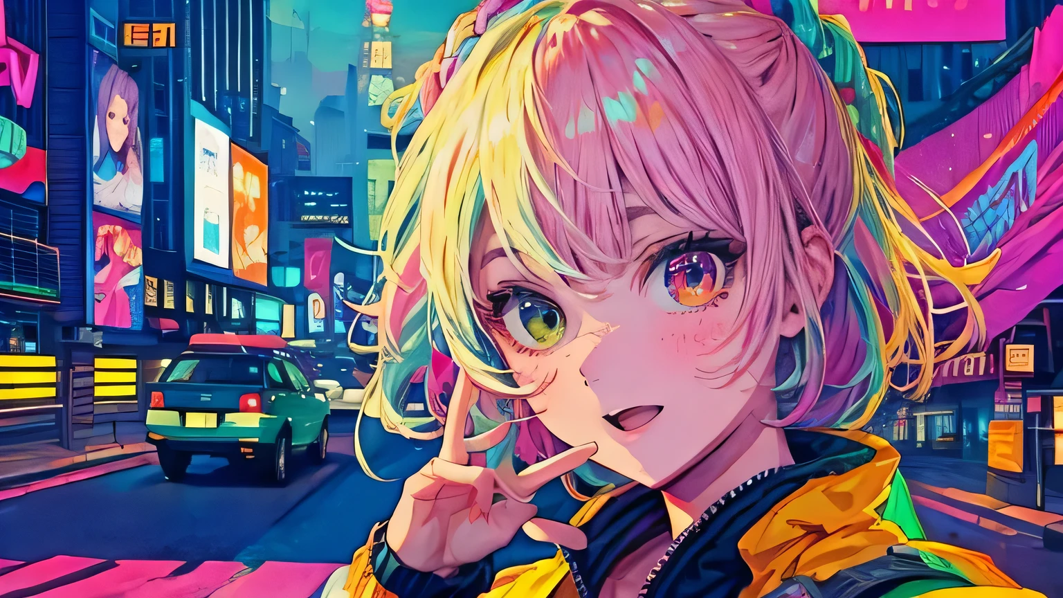 best quality, 4K wallpaper, masterpiece, extremely detailed CG unity 8k wallpaper, extremely detailed eyes, ultra-detailed, intricate details, face close up 1 happy smile shy girl in center, heterochromia, retro art style, neon pop abstract art style, public, highway road, lake, mountain, car