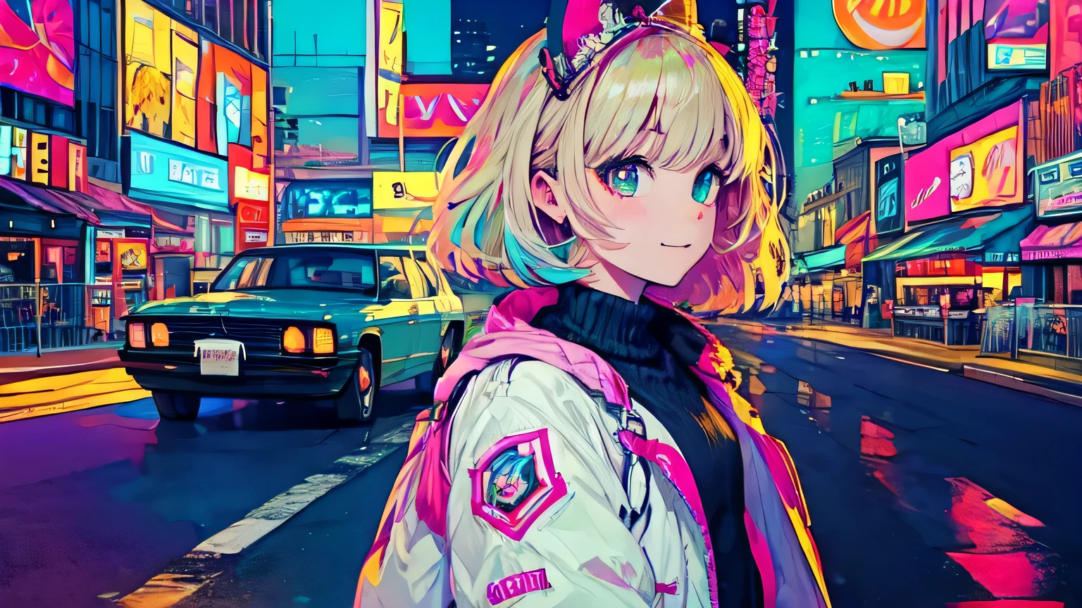 best quality, 4K wallpaper, masterpiece, extremely detailed CG unity 8k wallpaper, extremely detailed eyes, ultra-detailed, intricate details, face close up 1 happy smile shy girl in center, heterochromia, retro art style, neon pop abstract art style, public, highway road, lake, mountain, car