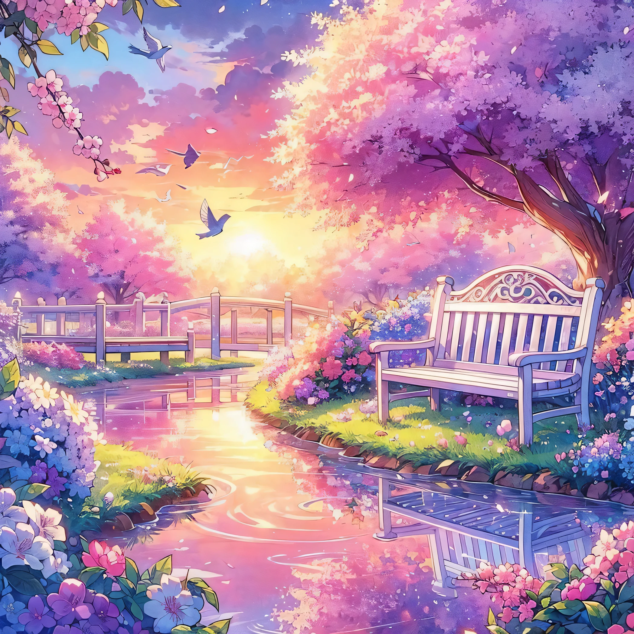 Create a lake with lilac light reflected on the surface, on the left edge a cherry blossom tree full of flowers, and below it a white bench with romantic details. All around the ground is all covered with green leaves, there are birds flying in the sky and the sunset is happening with lilacs, pinks, blues and yellows. 16:9 aspect ratio, anime-style image