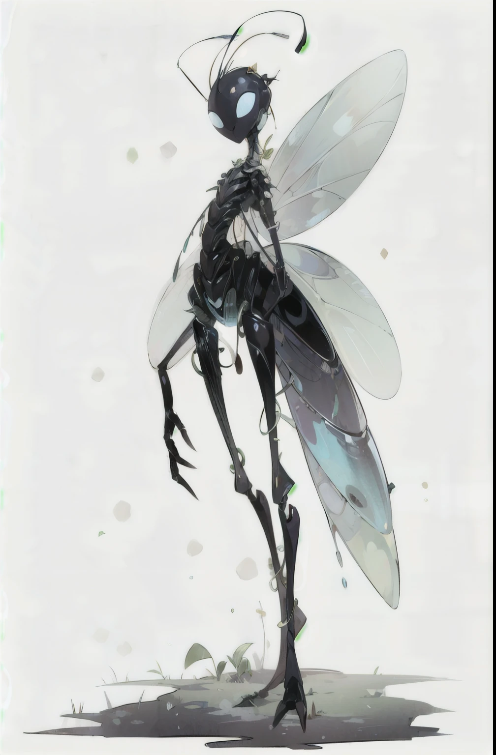 high detail，science fiction background，Leave the original image unchanged，there is a cartoon insect that is standing on a stick, insectoid, full of insect robots, insect, biopunk wasp, friendly humanoid insect robot, a humanoid mosquito, 空洞骑士中的大wasp, insect trainer girl, wasp, inspired by Dustin Nguyen, by Ryan Ye, humanoid flora, Generate mysterious backgrounds for images