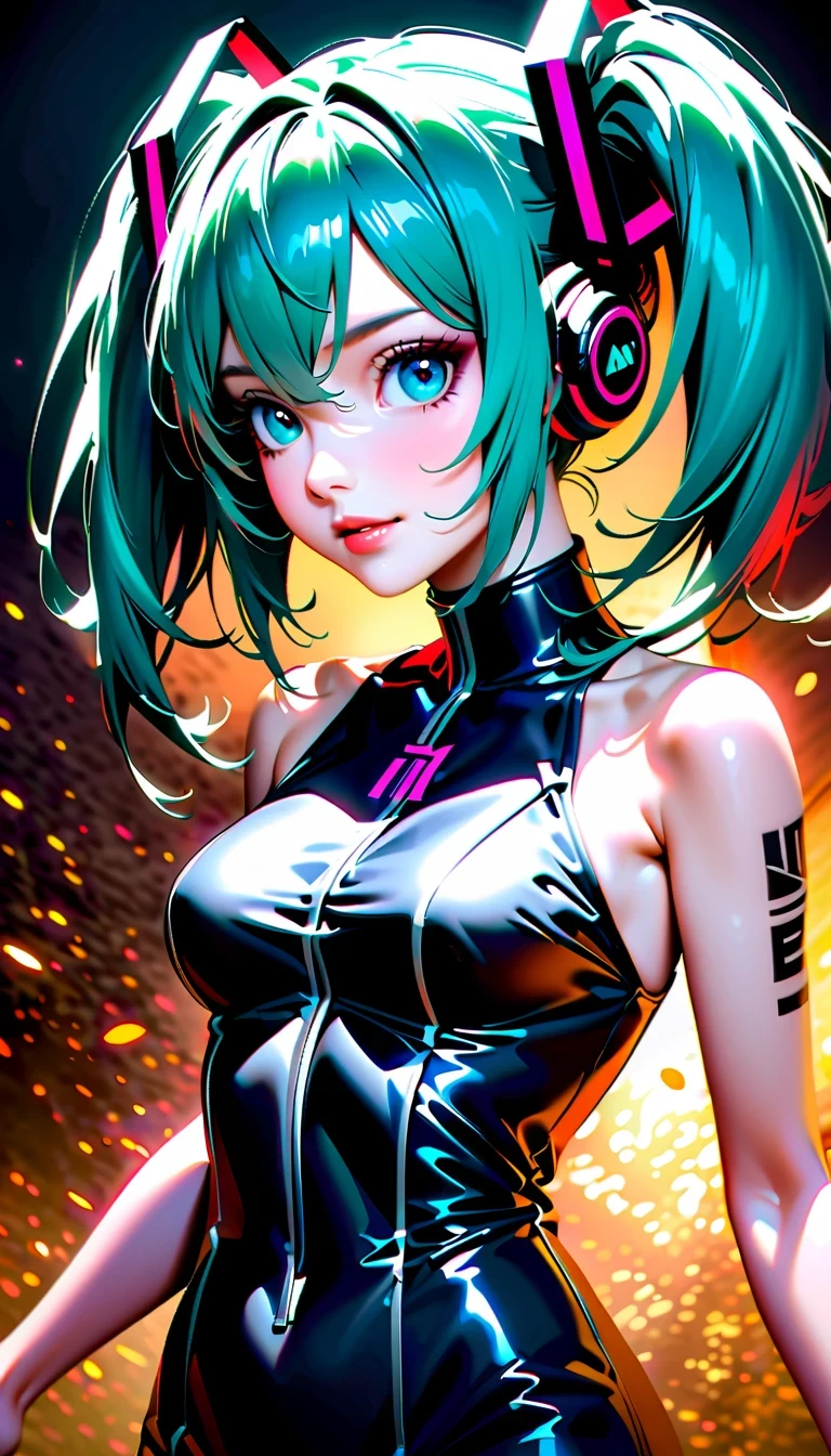 Create a high-resolution, visually stunning portrait that captures the essence of Hatsune Miku, the digital singing sensation known for her distinctive voice and signature blue-green hair. Dress her in futuristic or cyberpunk-inspired attire that reflects her unique persona. Compositionally, draw inspiration from National Geographic photography to create a sense of depth and realism, emphasizing natural lighting, vivid colors, and an immersive environment. Ensure the final image is presented in ultra-high definition quality to showcase every detail and bring Miku's virtual world to life with breathtaking clarity.