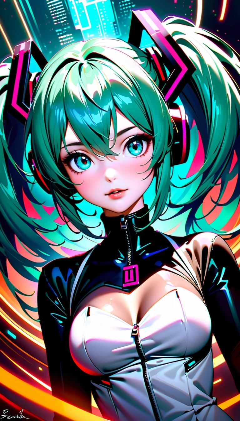 Create a high-resolution, visually stunning portrait that captures the essence of Hatsune Miku, the digital singing sensation known for her distinctive voice and signature blue-green hair. Dress her in futuristic or cyberpunk-inspired attire that reflects her unique persona. Compositionally, draw inspiration from National Geographic photography to create a sense of depth and realism, emphasizing natural lighting, vivid colors, and an immersive environment. Ensure the final image is presented in ultra-high definition quality to showcase every detail and bring Miku's virtual world to life with breathtaking clarity.

