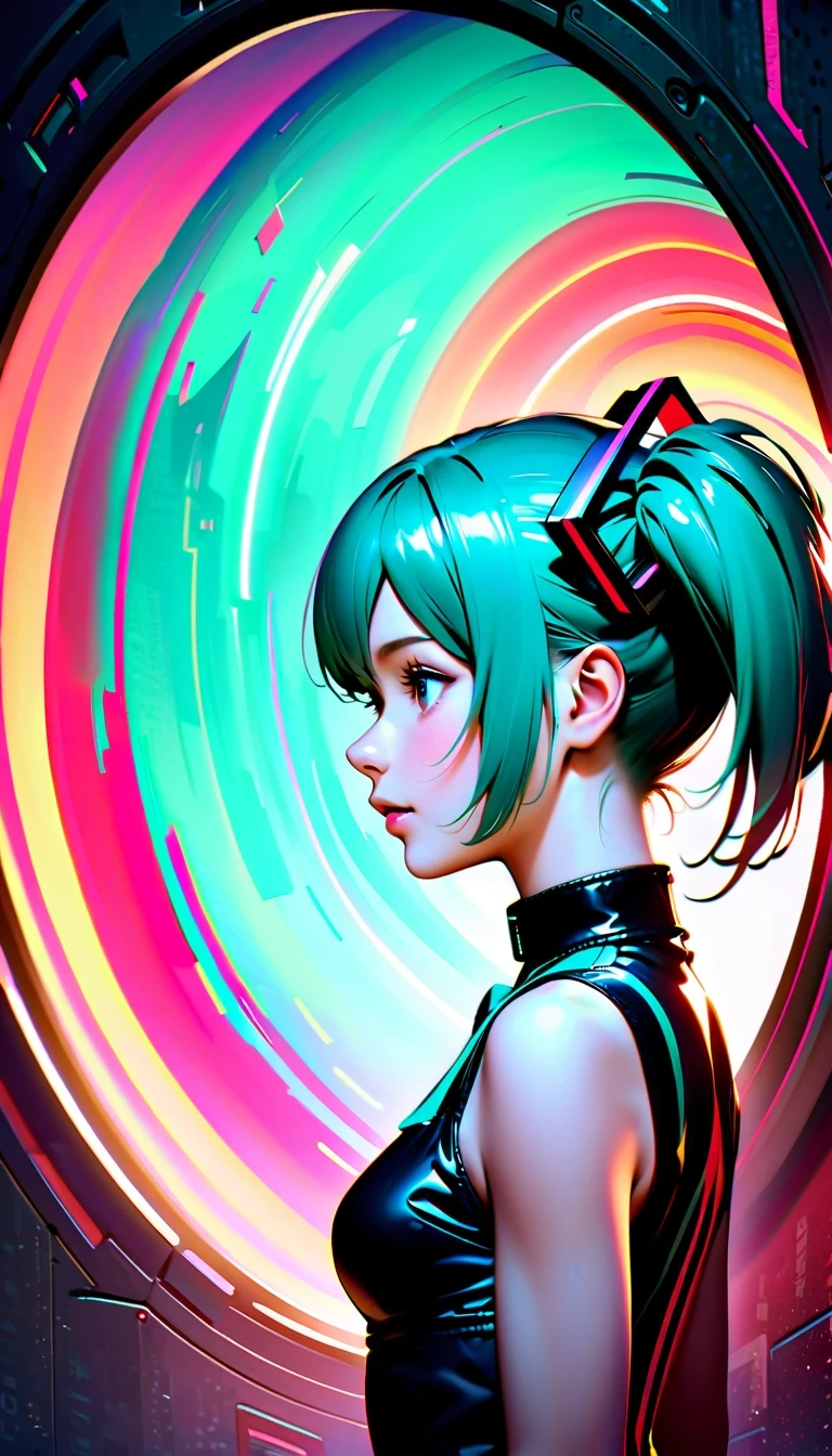 Create a high-resolution, visually stunning portrait that captures the essence of Hatsune Miku, the digital singing sensation known for her distinctive voice and signature blue-green hair. Dress her in futuristic or cyberpunk-inspired attire that reflects her unique persona. Compositionally, draw inspiration from National Geographic photography to create a sense of depth and realism, emphasizing natural lighting, vivid colors, and an immersive environment. Ensure the final image is presented in ultra-high definition quality to showcase every detail and bring Miku's virtual world to life with breathtaking clarity.

