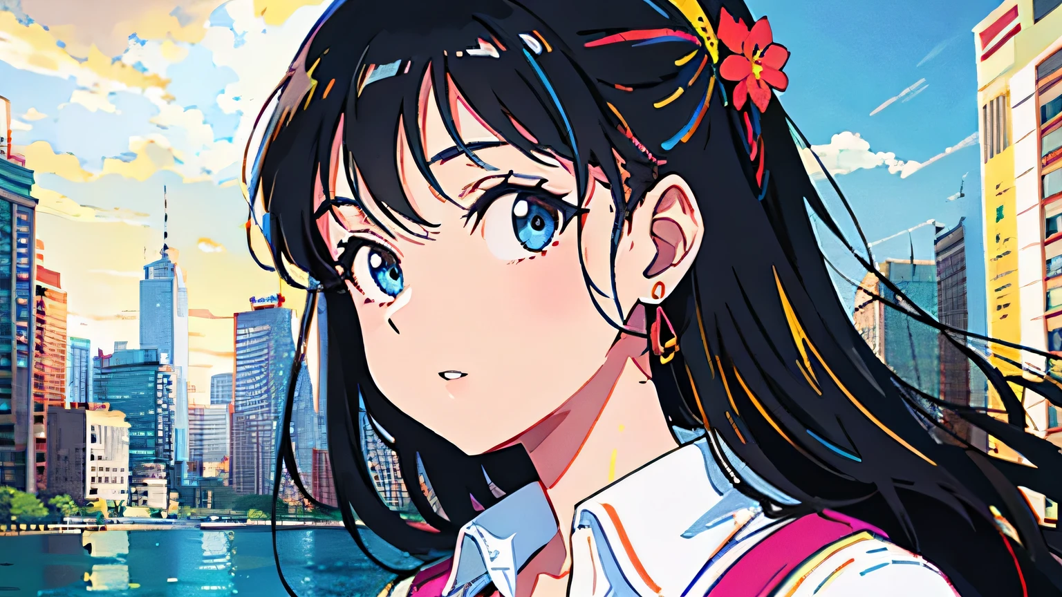 (flat color:0.9),(colorful:1.1),(masterpiece:1,2),retro,city pop, best quality, masterpiece, highres, original, extremely detailed wallpaper, looking at viewer,,,1girl,solo,Girl,Portrait