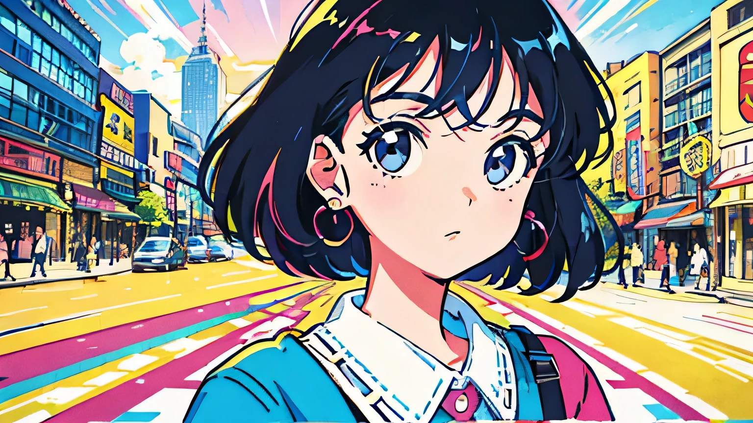 (flat color:0.9),(colorful:1.1),(masterpiece:1,2),retro,city pop, best quality, masterpiece, highres, original, extremely detailed wallpaper, looking at viewer,,,1girl,solo,Girl,Portrait