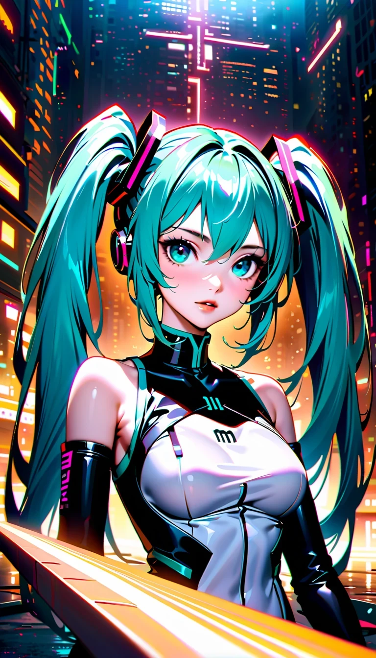 Create a high-resolution, visually stunning portrait that captures the essence of Hatsune Miku, the digital singing sensation known for her distinctive voice and signature blue-green hair. Dress her in futuristic or cyberpunk-inspired attire that reflects her unique persona. Compositionally, draw inspiration from National Geographic photography to create a sense of depth and realism, emphasizing natural lighting, vivid colors, and an immersive environment. Ensure the final image is presented in ultra-high definition quality to showcase every detail and bring Miku's virtual world to life with breathtaking clarity.

