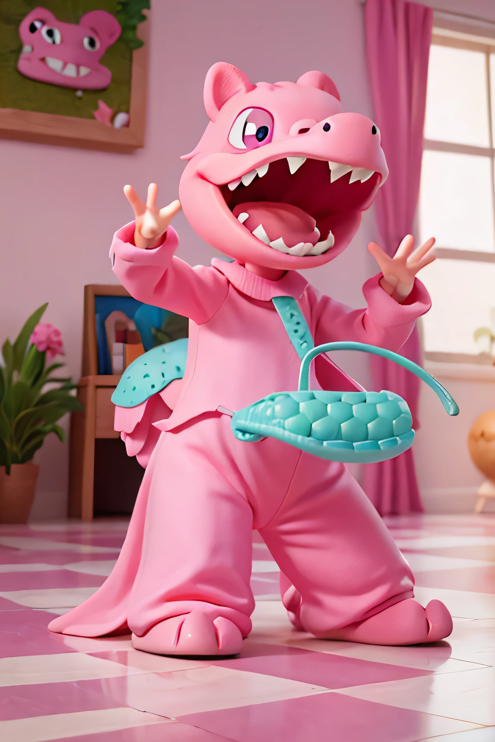 make a pink alligator laughing in front of the camera like a cartoon
