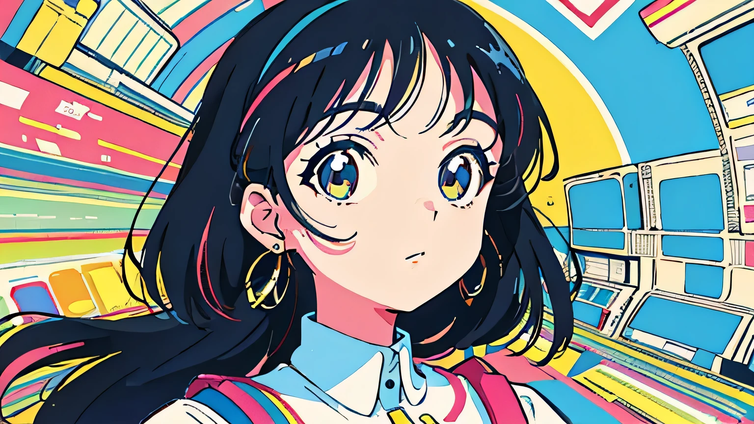 (flat color:0.9),(colorful:1.1),(masterpiece:1,2),retro,city pop, best quality, masterpiece, highres, original, extremely detailed wallpaper, looking at viewer,,,1girl,solo,Girl,Portrait