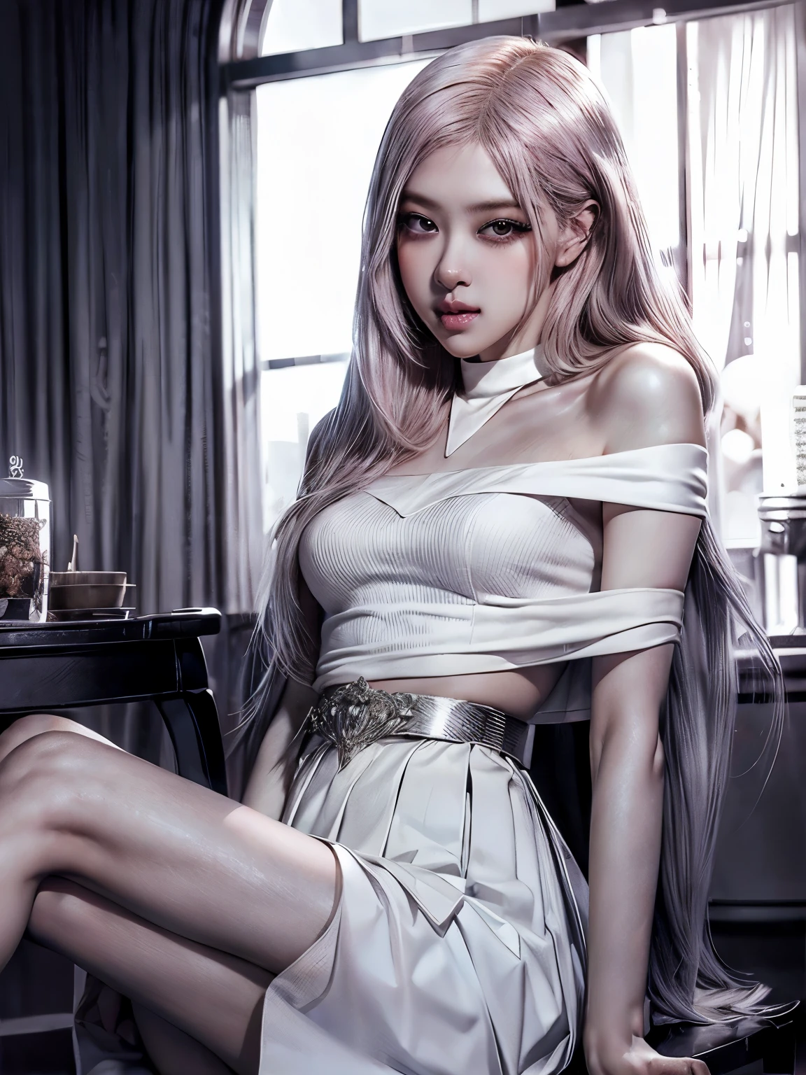 Princess of Lightness,pink hair,busty,Glamour,fabulous,Jewelry,monochrome,goddess,light Fantasy,light Venus,erotic posing,Dynamic posing,dramatic,cinematic,detailed background,light fantastic view,Best quality,table,8 k,Maximum detailed light background, Highest image quality、raw photo、Super high resolution、Show Legs,cropped shoulders,Close-up of the whole body,Be red in the face,overall the look is very erotic。(Hand optimization),(Parts Reinforced),(High image quality) 18 year old woman、Filmed for one person only、Model shooting、Medium breasts、wearing white skirt、Beautiful eye details、Very thin eyes、Beautiful eyelashes、beautiful double eyelid、very slim build, shy, with rosy cheeks, 🤍