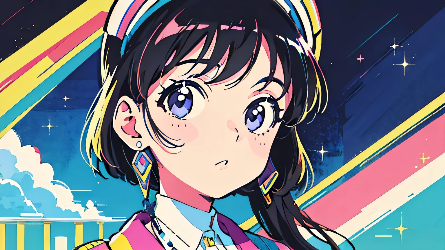 (flat color:0.9),(colorful:1.1),(masterpiece:1,2),retro,city pop, best quality, masterpiece, highres, original, extremely detailed wallpaper, looking at viewer,,,1girl,solo,Girl,Portrait