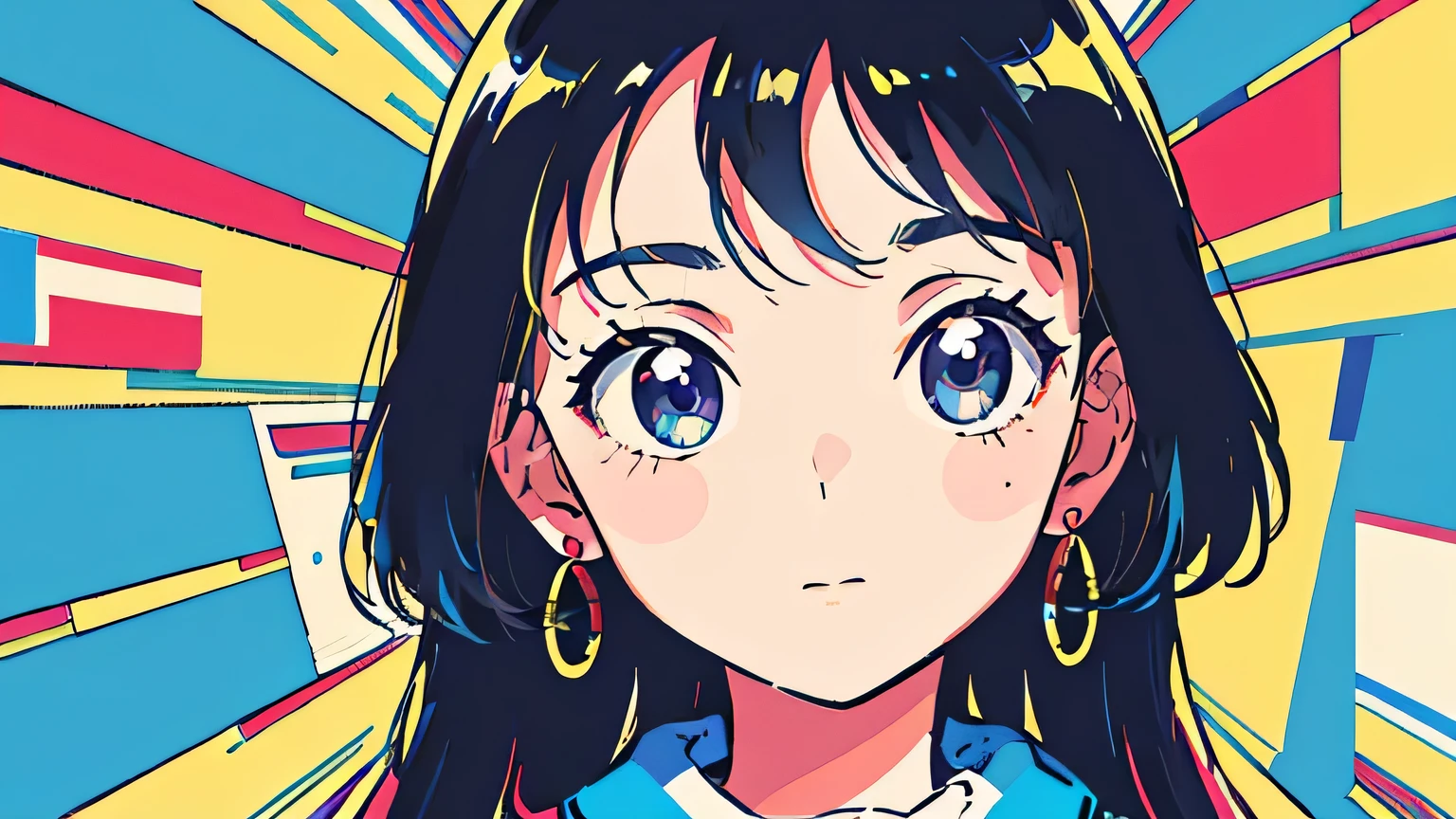 (flat color:0.9),(colorful:1.1),(masterpiece:1,2),retro,city pop, best quality, masterpiece, highres, original, extremely detailed wallpaper, looking at viewer,,,1girl,solo,Girl,Portrait