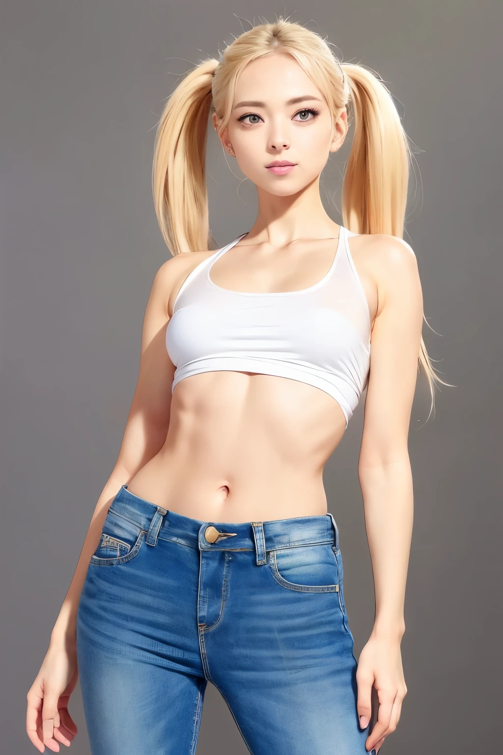 highest quality, 超A high resolution, (Photoreal:1.4), (1 person), ((open chest、white shirt)), (((Super Low Rise Blue Denim Slim Pants))), (shiny blonde twin tails), (Ideal female body type), (Slender), model shot, live stage,