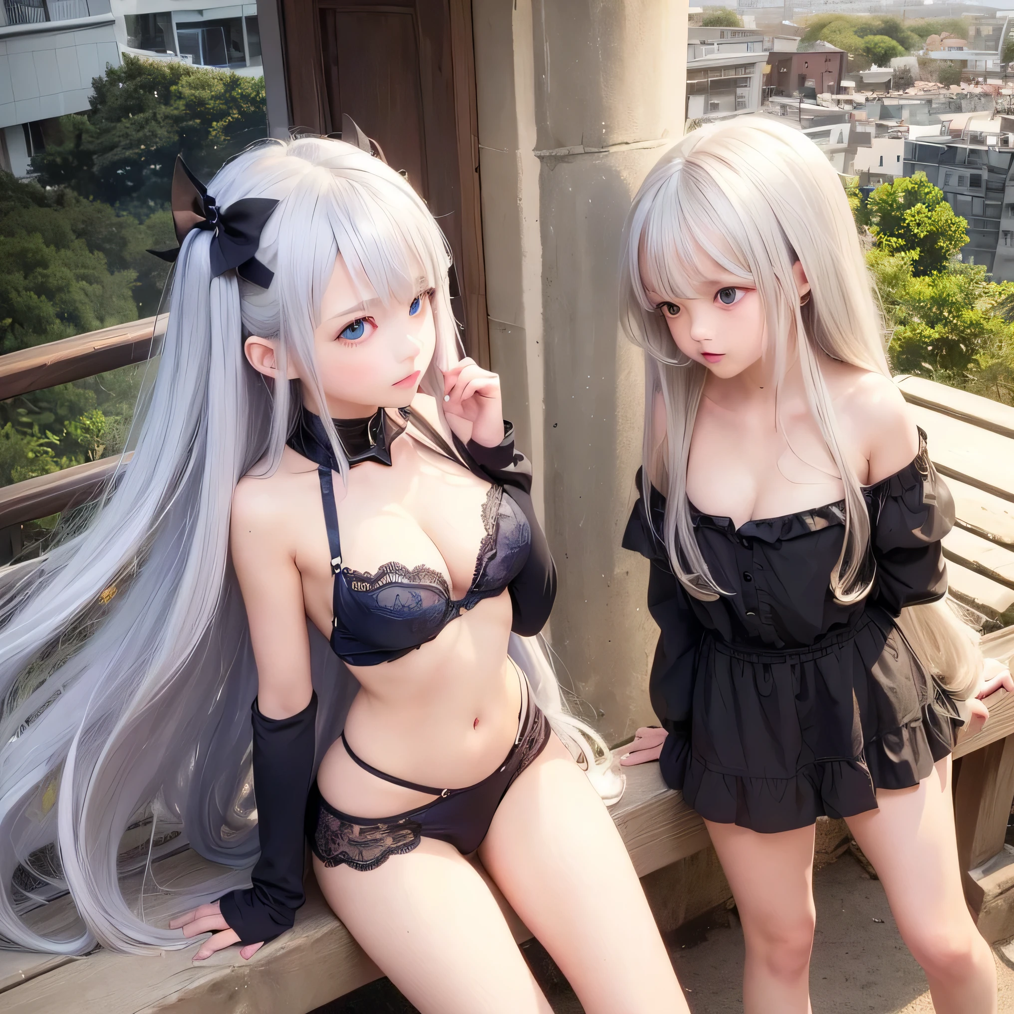 (.low length.sharp eyes.blue eyes.handsome girl.silver long hair.huge breasts.huge cleavage).(Completely naked.Hiding the mouth.small nipples).(two girls standing in line.blushing cheeks.A place with a panoramic view of the city.Sitting on the railing)perfect face.The whole body is shown