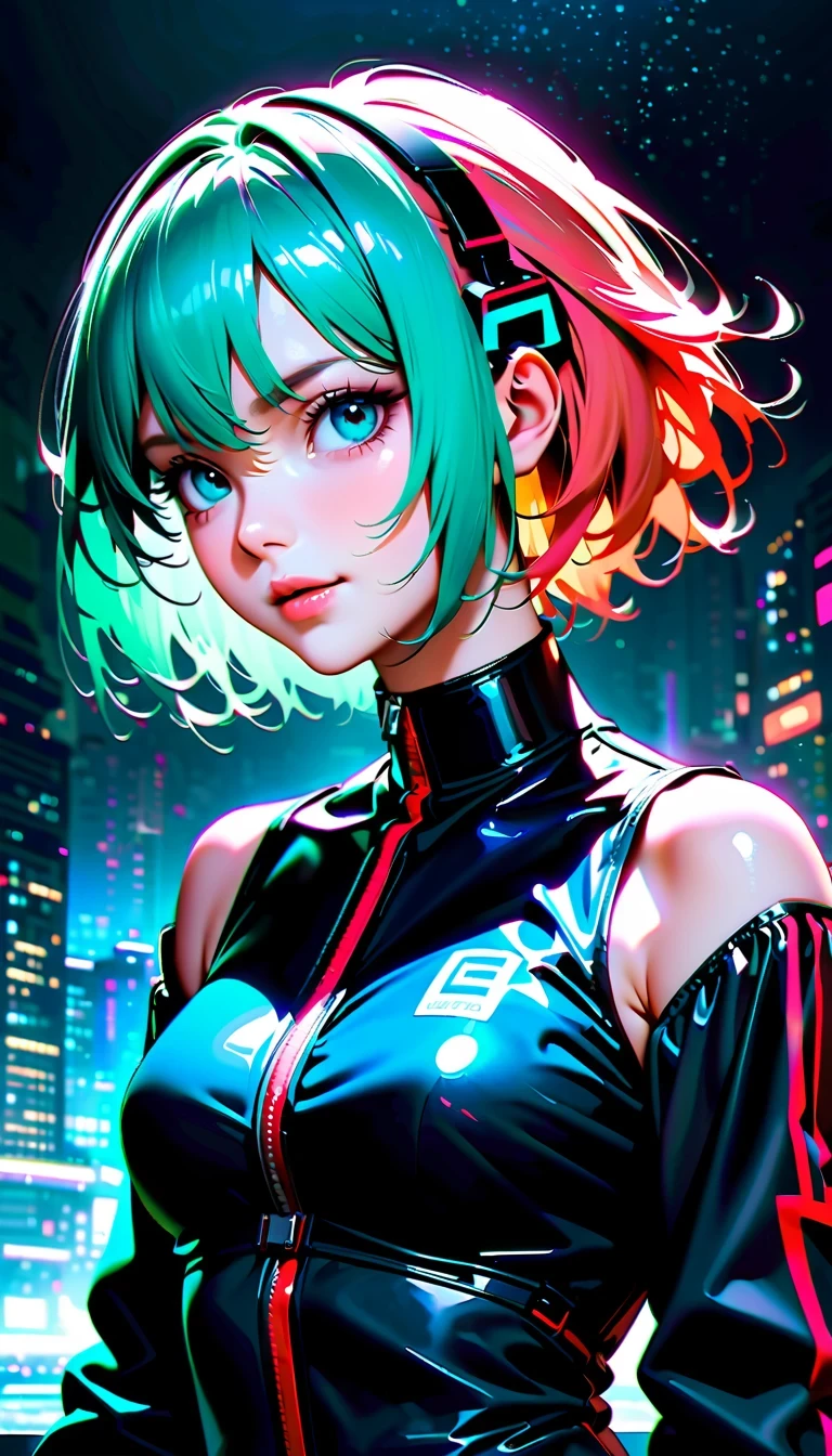 Create a high-resolution, visually stunning portrait that captures the essence of Hatsune Miku, the digital singing sensation known for her distinctive voice and signature blue-green hair. Dress her in futuristic or cyberpunk-inspired attire that reflects her unique persona. Compositionally, draw inspiration from National Geographic photography to create a sense of depth and realism, emphasizing natural lighting, vivid colors, and an immersive environment. Ensure the final image is presented in ultra-high definition quality to showcase every detail and bring Miku's virtual world to life with breathtaking clarity.


