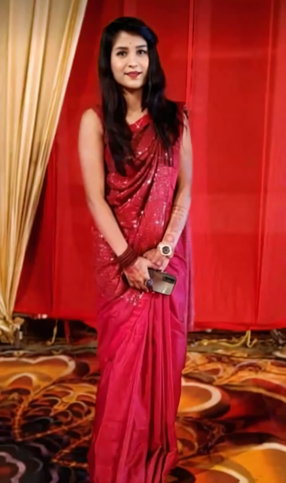 A woman in a red sari posing for a picture - SeaArt AI