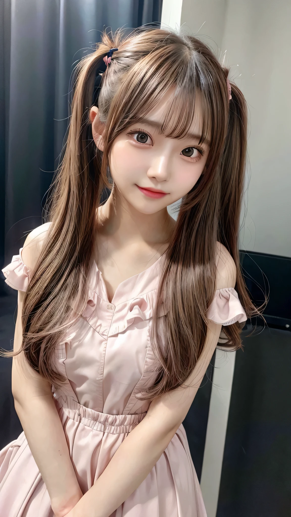 blush,small breasts,14 years old,long hair twintails,on stage,Are standing,close up of face,((8K, Raw photo, best quality, muste piece:1.2), (Reality, photorealistic:1.4), (Highly detailed 8K wallpaper), Depth of the bounds written, cinematic lighting, soft light, detailed beauty eye,Shiny and smooth light brown ponytail, asymmetrical bangs, shiny skin, super detailed skin ,high resolution, high detail, detailed hairstyle, detailed beauty face, hyper real, perfect limbs, perfect anatomy ,1 Japanese girl,famous japanese idol, perfect female body,shy smile,short eyelashes,double-edged eyelids,look straight here,Hair style is twin tails、Pink colored long dress with lots of ruffles, softly shaped skirt, standing on stage,pink ribbon on head,She wears a long skirt with lots of frills.,Neat clothes