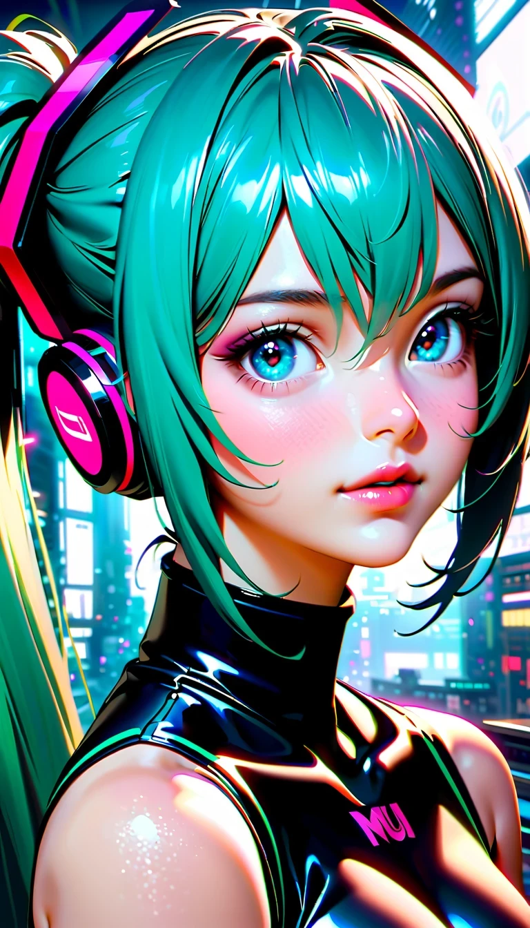 Create a high-resolution, visually stunning portrait that captures the essence of Hatsune Miku, the digital singing sensation known for her distinctive voice and signature blue-green hair. Dress her in futuristic or cyberpunk-inspired attire that reflects her unique persona. Compositionally, draw inspiration from National Geographic photography to create a sense of depth and realism, emphasizing natural lighting, vivid colors, and an immersive environment. Ensure the final image is presented in ultra-high definition quality to showcase every detail and bring Miku's virtual world to life with breathtaking clarity.