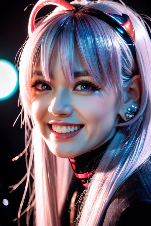 longeyelashes, solid circle eyes, light smile, ear blush, fang, red hair, silver hair, gradient hair, long hair, messy hair, floating hair, crystal hair, expressive hair, wet hair, absurdly long hair, demon horns, anchor choker, rolling eyes, dilated pupils, tsurime, eyeball, pointy ears, earrings, clenched teeth, evil smile, crazy, Surrealism, drop shadow, anaglyph, stereogram, tachi-e, pov, atmospheric perspective, Cubist Futurism, Futurism, Genre painting, chiaroscuro, depth of field, cinematic lighting, sparkle, first-person view, super detail, ccurate, best quality, 16k, best quality