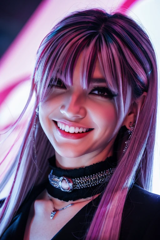 longeyelashes, solid circle eyes, light smile, ear blush, fang, red hair, silver hair, gradient hair, long hair, messy hair, floating hair, crystal hair, expressive hair, wet hair, absurdly long hair, demon horns, anchor choker, rolling eyes, dilated pupils, tsurime, eyeball, pointy ears, earrings, clenched teeth, evil smile, crazy, Surrealism, drop shadow, anaglyph, stereogram, tachi-e, pov, atmospheric perspective, Cubist Futurism, Futurism, Genre painting, chiaroscuro, depth of field, cinematic lighting, sparkle, first-person view, super detail, ccurate, best quality, 16k, best quality