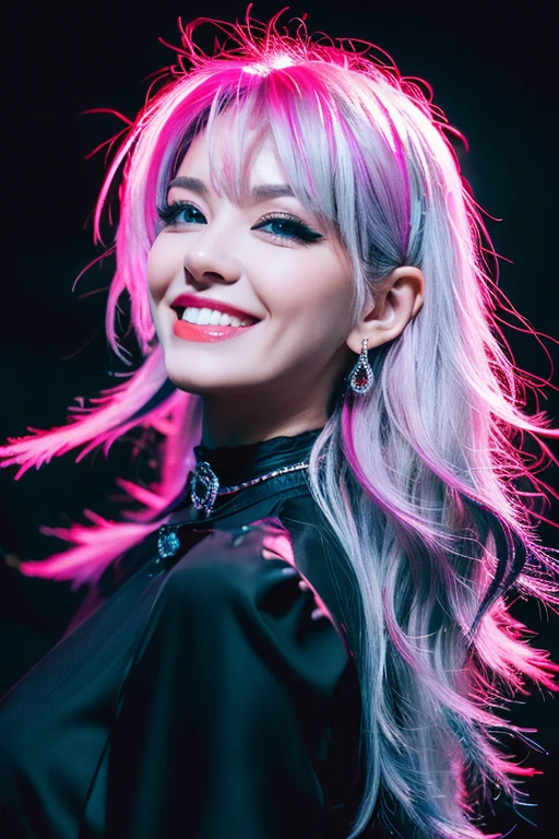 longeyelashes, solid circle eyes, light smile, ear blush, fang, red hair, silver hair, gradient hair, long hair, messy hair, floating hair, crystal hair, expressive hair, wet hair, absurdly long hair, demon horns, anchor choker, rolling eyes, dilated pupils, tsurime, eyeball, pointy ears, earrings, clenched teeth, evil smile, crazy, Surrealism, drop shadow, anaglyph, stereogram, tachi-e, pov, atmospheric perspective, Cubist Futurism, Futurism, Genre painting, chiaroscuro, depth of field, cinematic lighting, sparkle, first-person view, super detail, ccurate, best quality, 16k, best quality