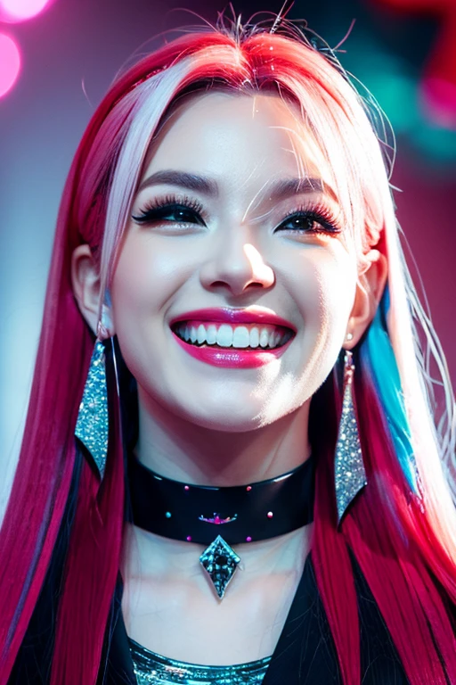 longeyelashes, solid circle eyes, light smile, ear blush, fang, red hair, silver hair, gradient hair, long hair, messy hair, floating hair, crystal hair, expressive hair, wet hair, absurdly long hair, demon horns, anchor choker, rolling eyes, dilated pupils, tsurime, eyeball, pointy ears, earrings, clenched teeth, evil smile, crazy, Surrealism, drop shadow, anaglyph, stereogram, tachi-e, pov, atmospheric perspective, Cubist Futurism, Futurism, Genre painting, chiaroscuro, depth of field, cinematic lighting, sparkle, first-person view, super detail, ccurate, best quality, 16k, best quality