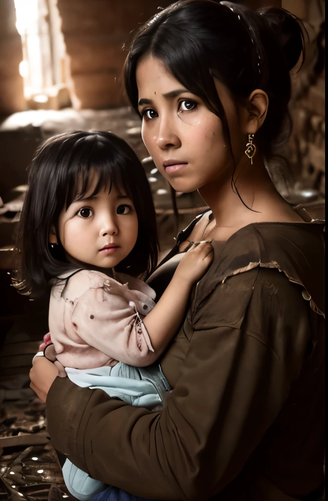(Bolivia)、(((Young mother and girl)))、((glare))、(Dirty and torn clothes)、((Parent and ))、poor、((highest quality、8K、masterpiece:1.3))、((big breasts)) ((((dark basement))))