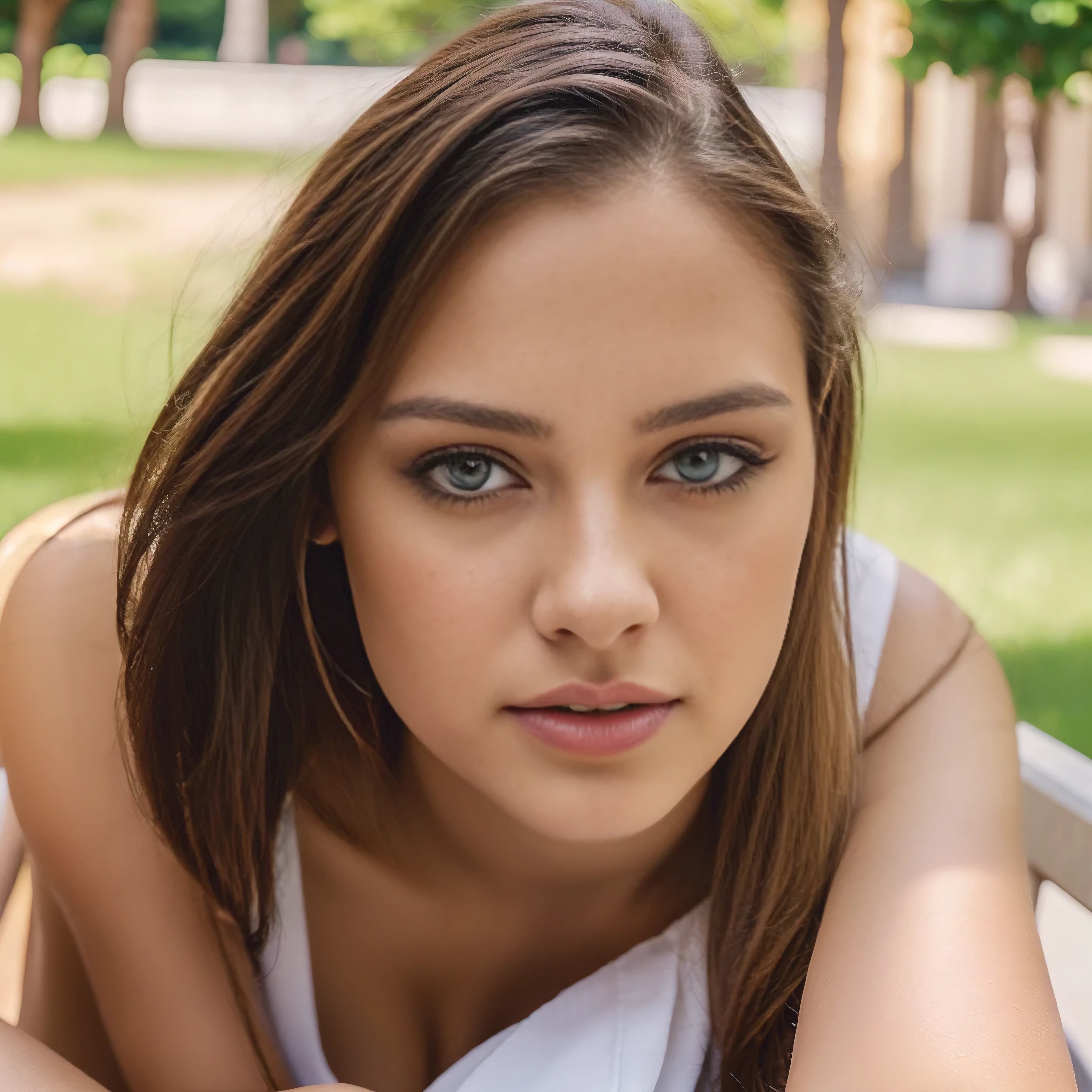 linda mulher,sitting,on a park bench,beautiful detailed eyes,beautiful detailed lips,extremely detailed eyes and face,long eyelashe,3D rendering,ultra-detailed,photorealistic,highest quality,portrait,soft and warm colors,natural lighting, naked, no dress