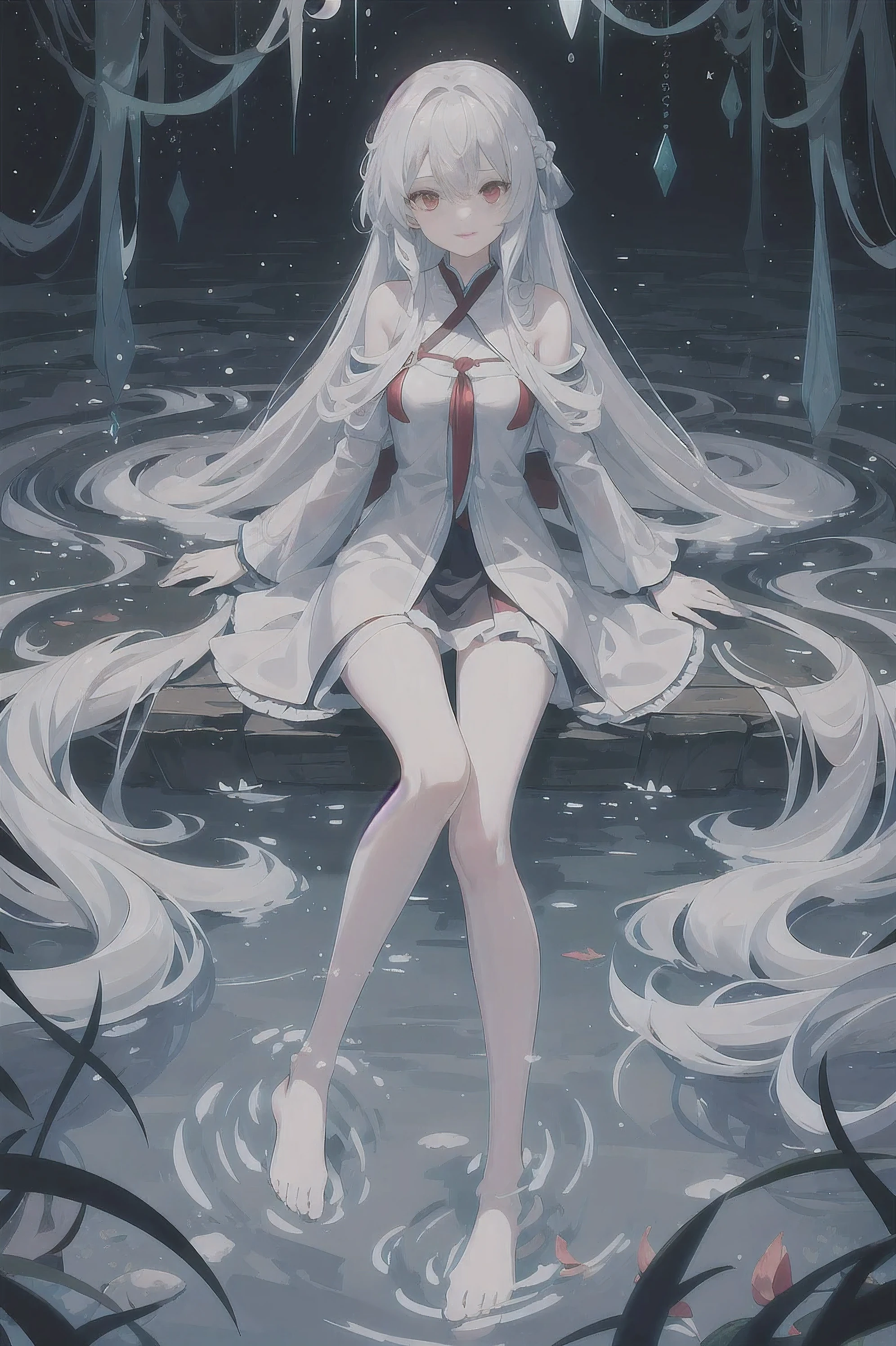 Dreamy and beautiful moonlight in the dark forest。View of a 15-year-old girl from above。(wet silver hair and red eyes)。smile slightly。She wore only a long transparent white cloth with beautiful lace trim。Soak the cloth in water。(splashing in the dark forest lake at night)。(Hair or clothes are wet)。splash。Wet strands of hair。dripping water drops。Fantasy fireflies float in the air、Light also reflects from water。near method and far method。glitter effects。Dynamic composition with depth。extremely high quality、High level of image quality、extremely delicate。Rare workmanship,round,Room, firm breasts),barefoot,float,water surface,(long legs,long legs,long legs,Gestalt),full-body shot。posture lying