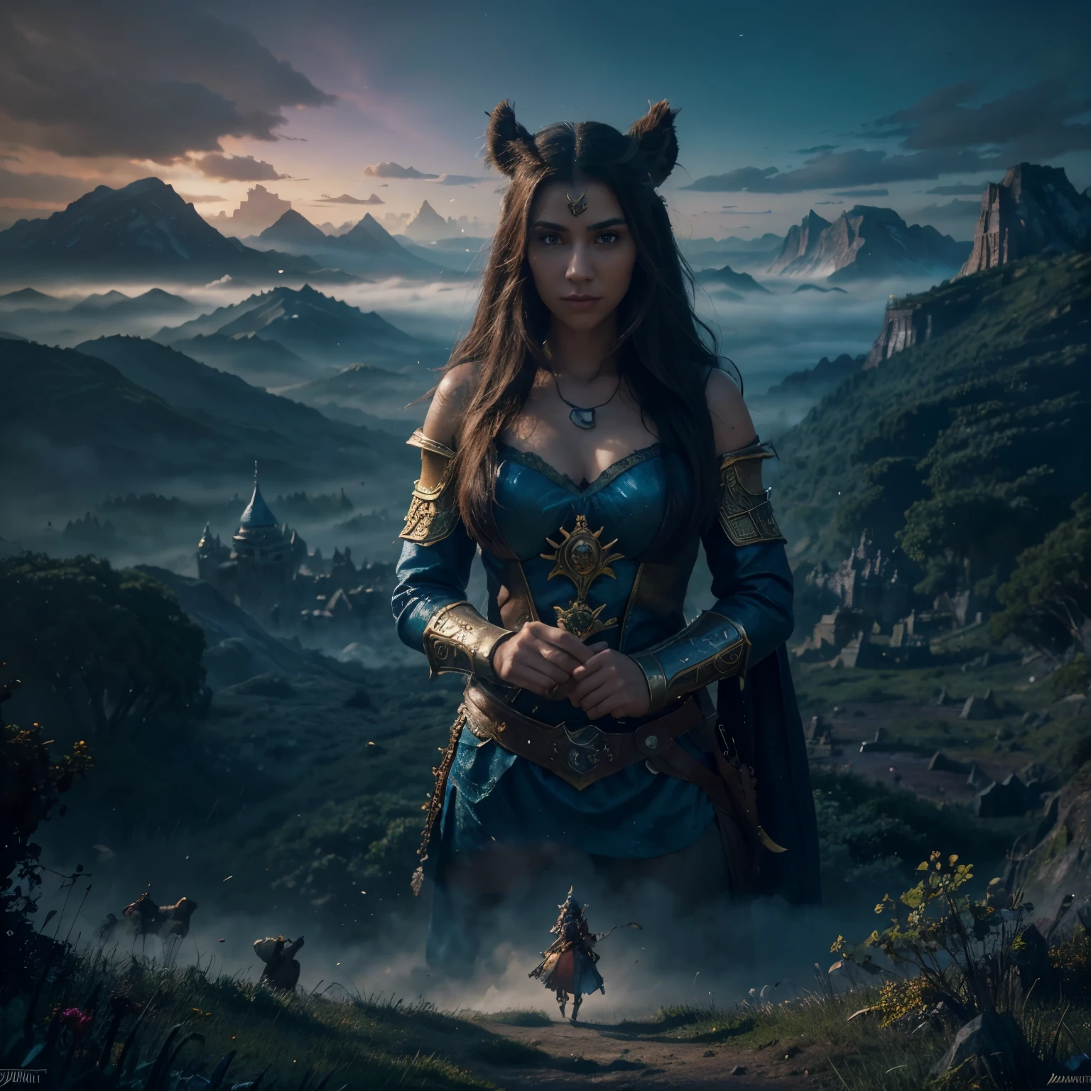 (best quality, 4k, highres, masterpiece:1.2), ultra-detailed, (realistic, photorealistic, photo-realistic:1.37), Disney characters in the style of World of Warcraft, heroes, vibrant colors, epic battles, magical landscapes, detailed facial expressions, majestic castles, enchanted forests, brave warriors, cute animals, mythical creatures, medieval armor and weapons, fierce dragons, adventure, quest, legendary quests, courageous princesses, strength and power, spellbinding spells, majestic architecture, thrilling battle scenes, honor and valor, sorcery and magic, heroic deeds, artistically crafted, action-packed, impressive character designs, dynamic poses, immersive environemnts, massive visual scale, mythical and enchanting atmosphere, epic storytelling, world-building, seamless blend of Disney charm and WoW aesthetic, fantastical details, surreal and whimsical elements, otherworldly landscapes, mystical mist and fog, impactful lighting and shadows, action-adventure genre, unique art style, vibrant and striking color palette, thrilling and immersive experience, reimagined Disney magic in the World of Warcraft universe