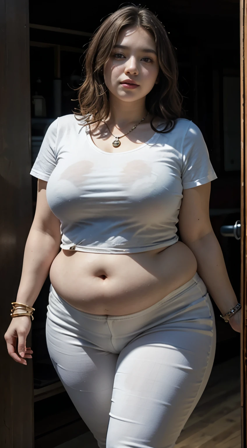 ((best quality)), ((masterpiece)), (detailed), perfect face, araffe woman in a long dark green shirt and 1/3 white denim skirt walking in black room , thicc,  wavy  short hair , she has a jiggly fat round belly, bbwchan, wearing tight simple clothes, skinny waist and thick hips, widest hips, her belly is fat and round, soft curvy shape, hyperrealistic full figure, wearing a cute top, wide hips, wearing 10 bracelet , wearing huge diamond necklace , fat cheeks 