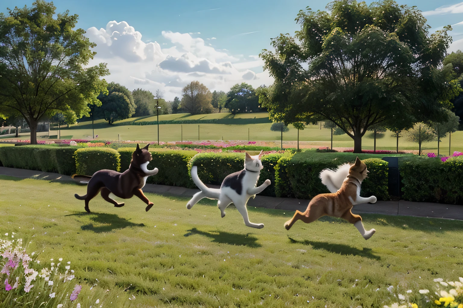 Color illustration of cats, etc) corriendo por una pradera verde repleta de flores
