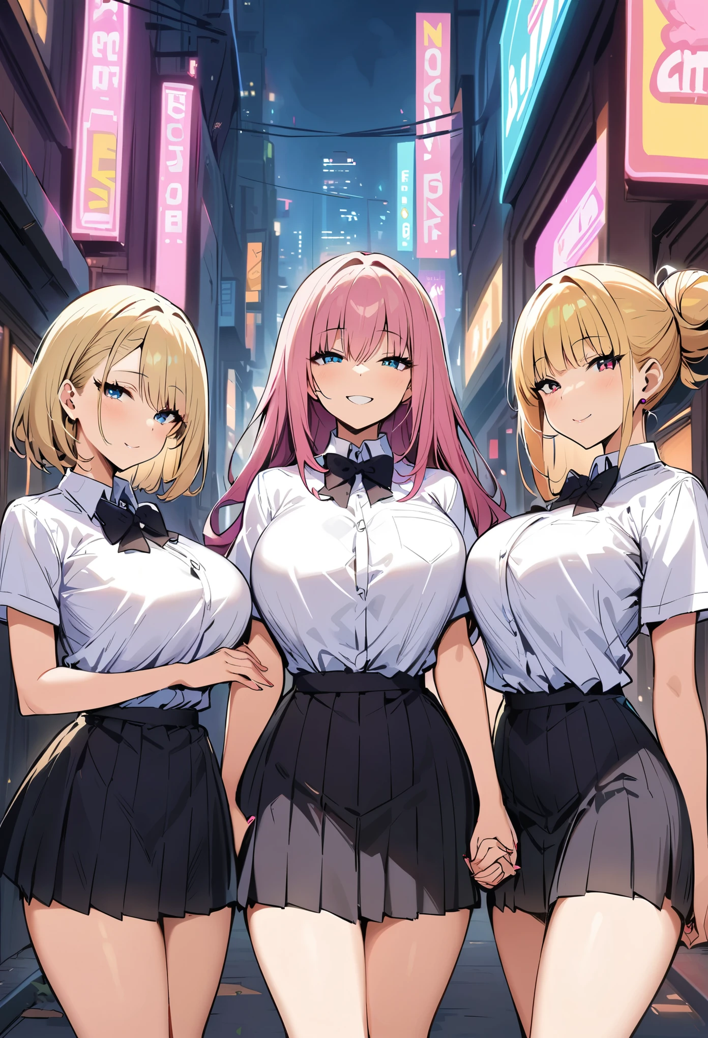 Cyberpunk City, Street, Night, neon light, neon sign, masterpiece, best quality, highres, JK,huge tit,3girls,black bow,black bowtie,blonde hair,bow,bowtie,breasts,hair bun,holding hands,interlocked fingers,long hair,looking at viewer,multiple girls,pink hair,pleated skirt,shirt tucked in,short hair,skirt,smile,tented shirt