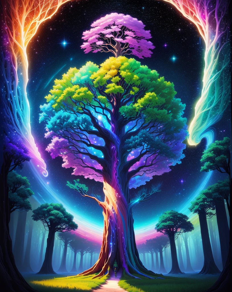 Painting of a tree with iridescent sky on background, the tree of life, Space Tree of life, magic tree, tree of life seed of doubt, fantasy tree, tree of life, the world Tree, Space Tree, magic tree, magical colors and atmosphere, colorful concept art, world Tree, Yggdrasil, Beautiful Art UHD 4K Bright Future　time and space　