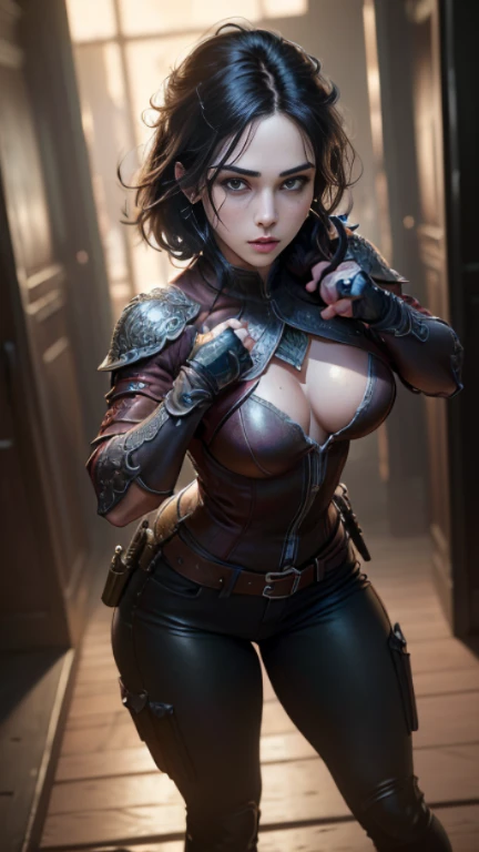 (8k,1080p,realistic skin texture,realistic,masterpiece:1.4, best quality,high-res,HDR:1.5), (((full body, full shot))), a beautiful 25 years old British female vampire mercenary with short black hair, pale skin, wearing red leather long jacket and black tight pants, holding dual handguns, view from front, waist up shot, dynamic pose, ambient lighting, photo realism, intricate face detail, intricate hand details, highly detailed, vibrant colors, cinematic, high definition, trending on Artstation--style raw