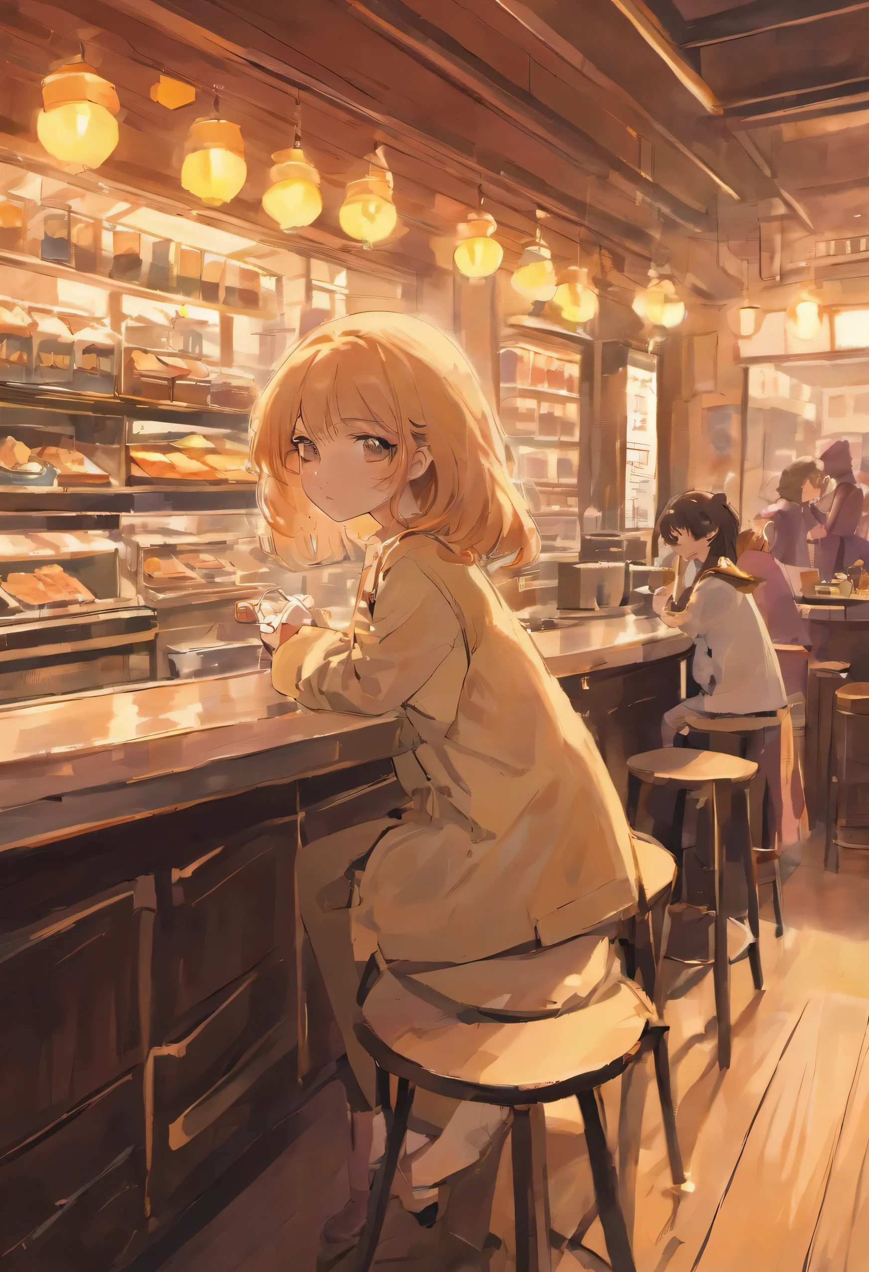 A compact cafe in the afternoon，woman cat，